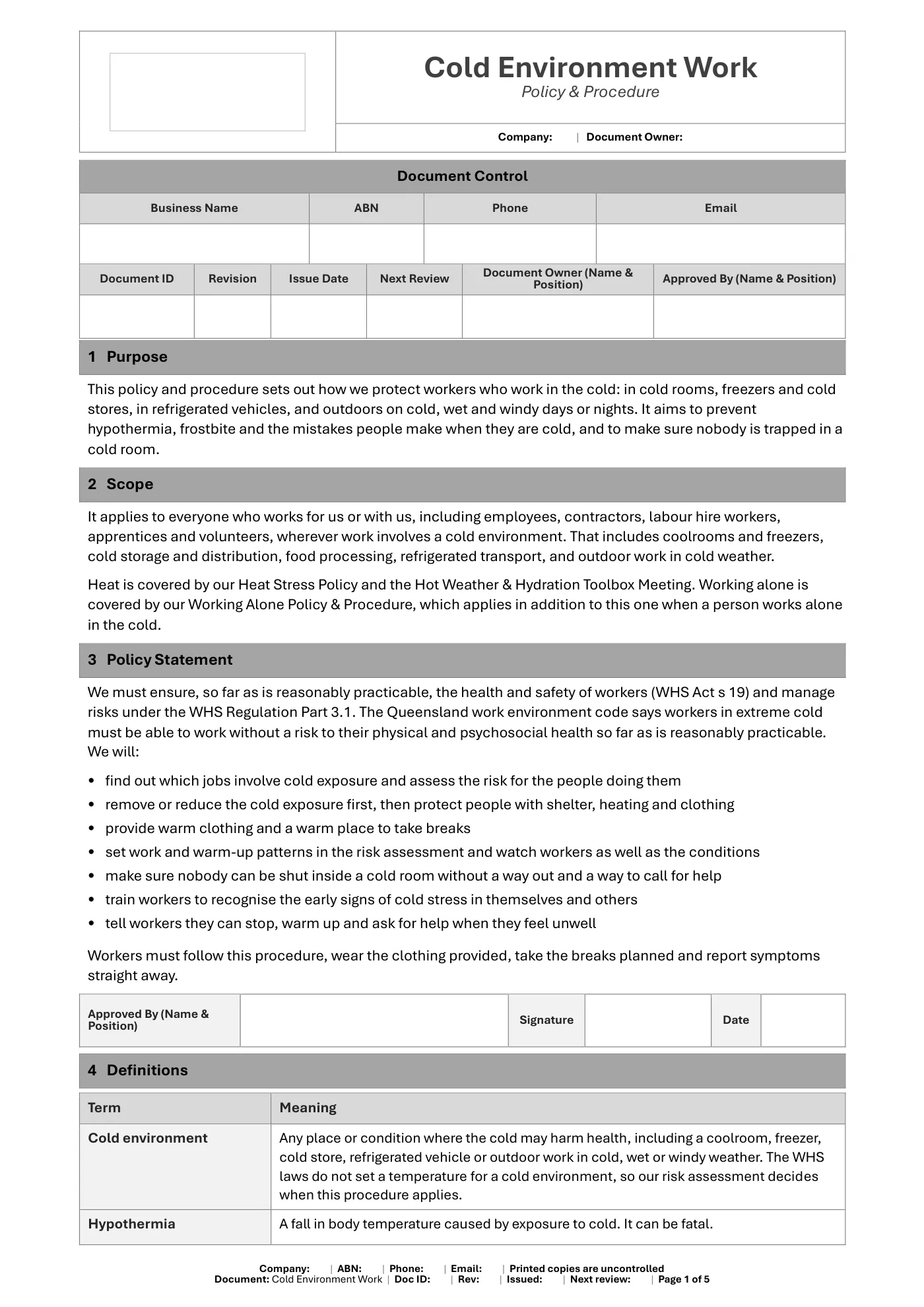 Cold Environment Work Policy & Procedure Template: sample page 1