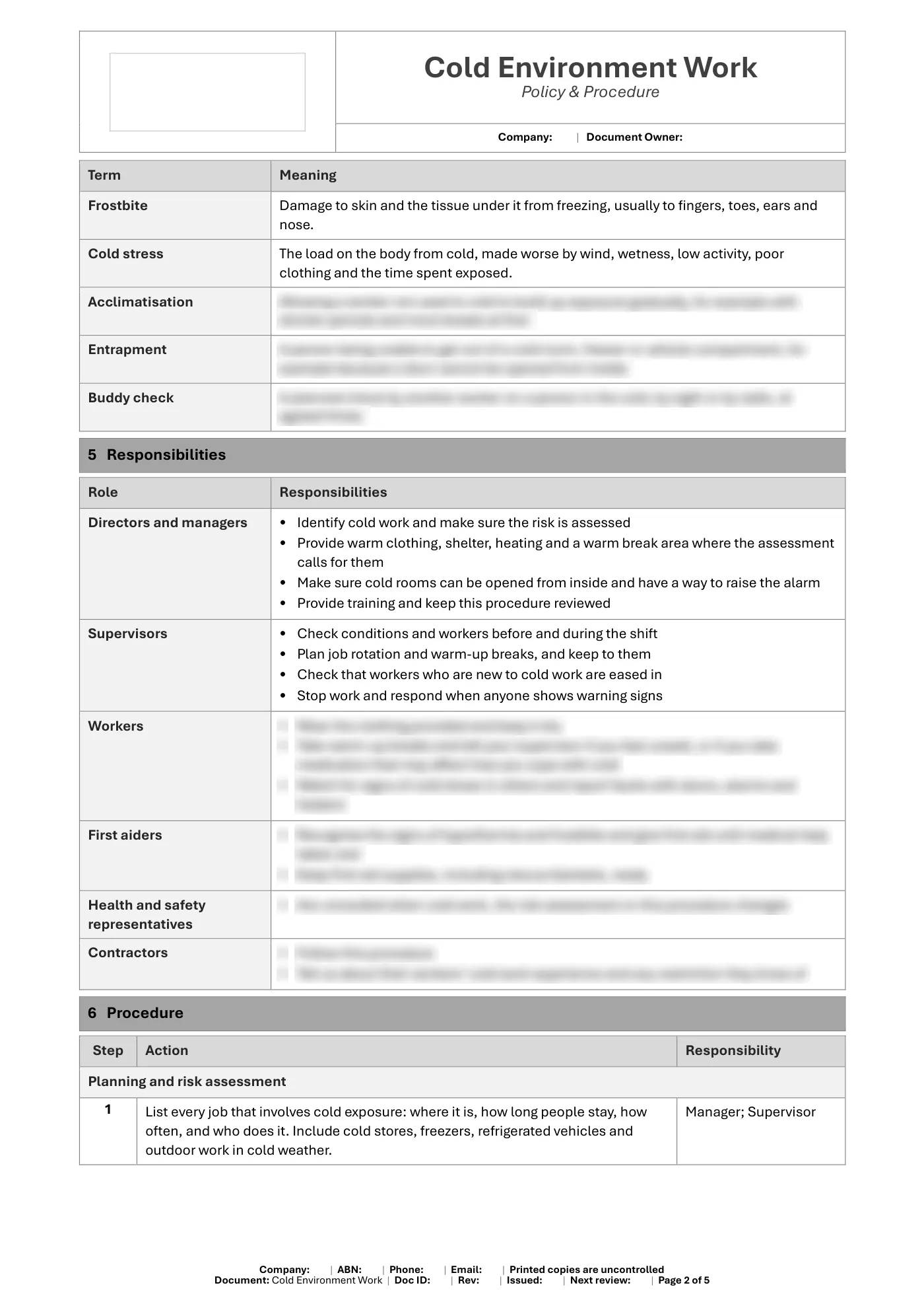 Cold Environment Work Policy & Procedure Template: sample page 2