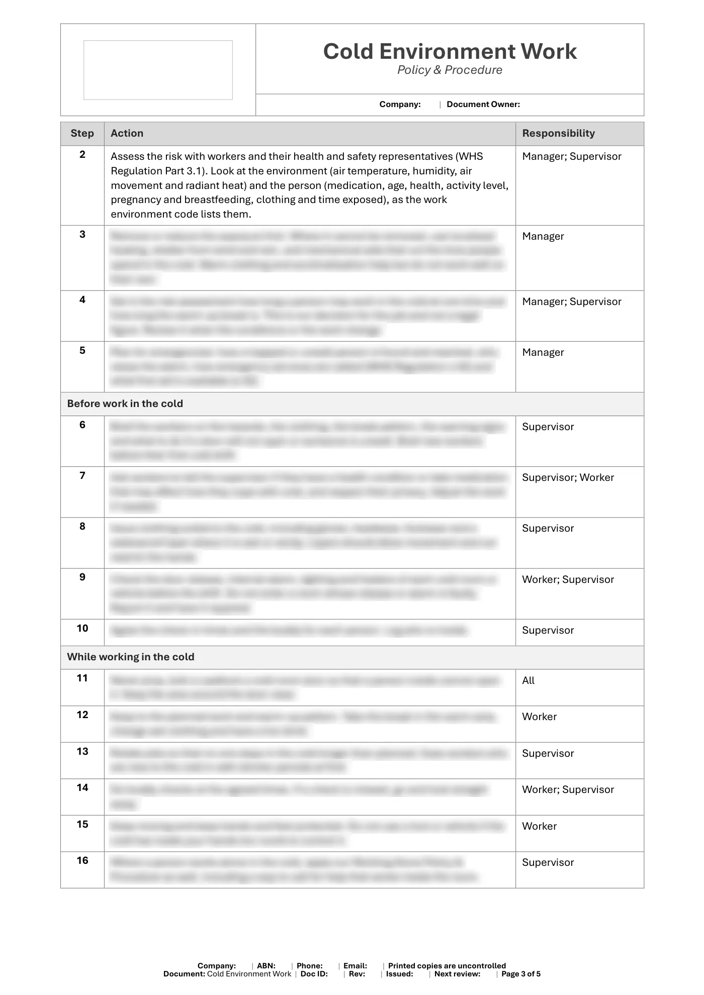 Cold Environment Work Policy & Procedure Template: sample page 3