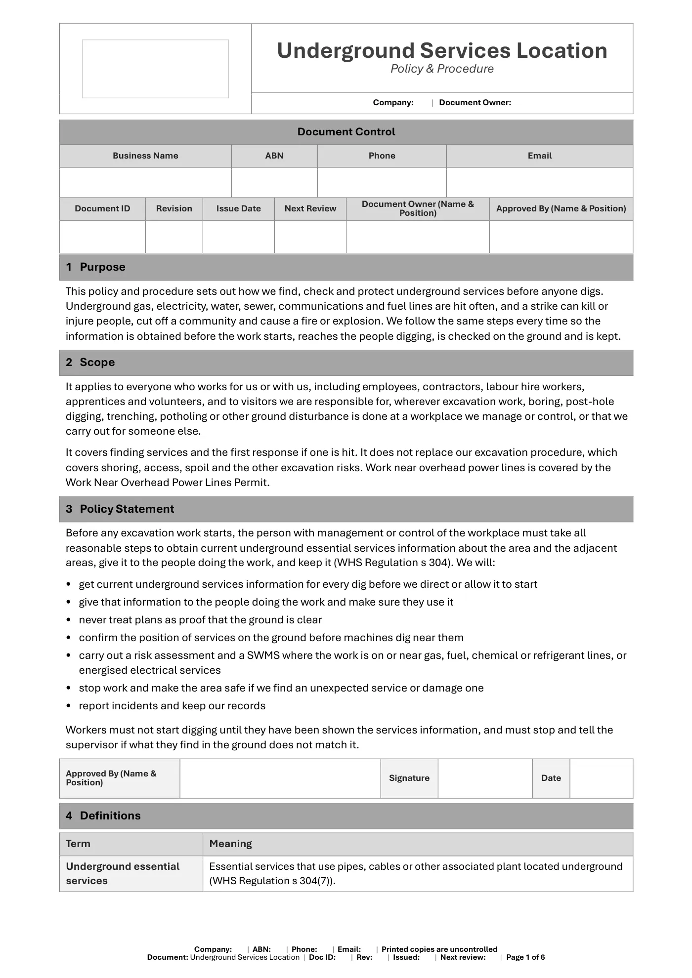 Underground Services Location Policy & Procedure Template: sample page 1