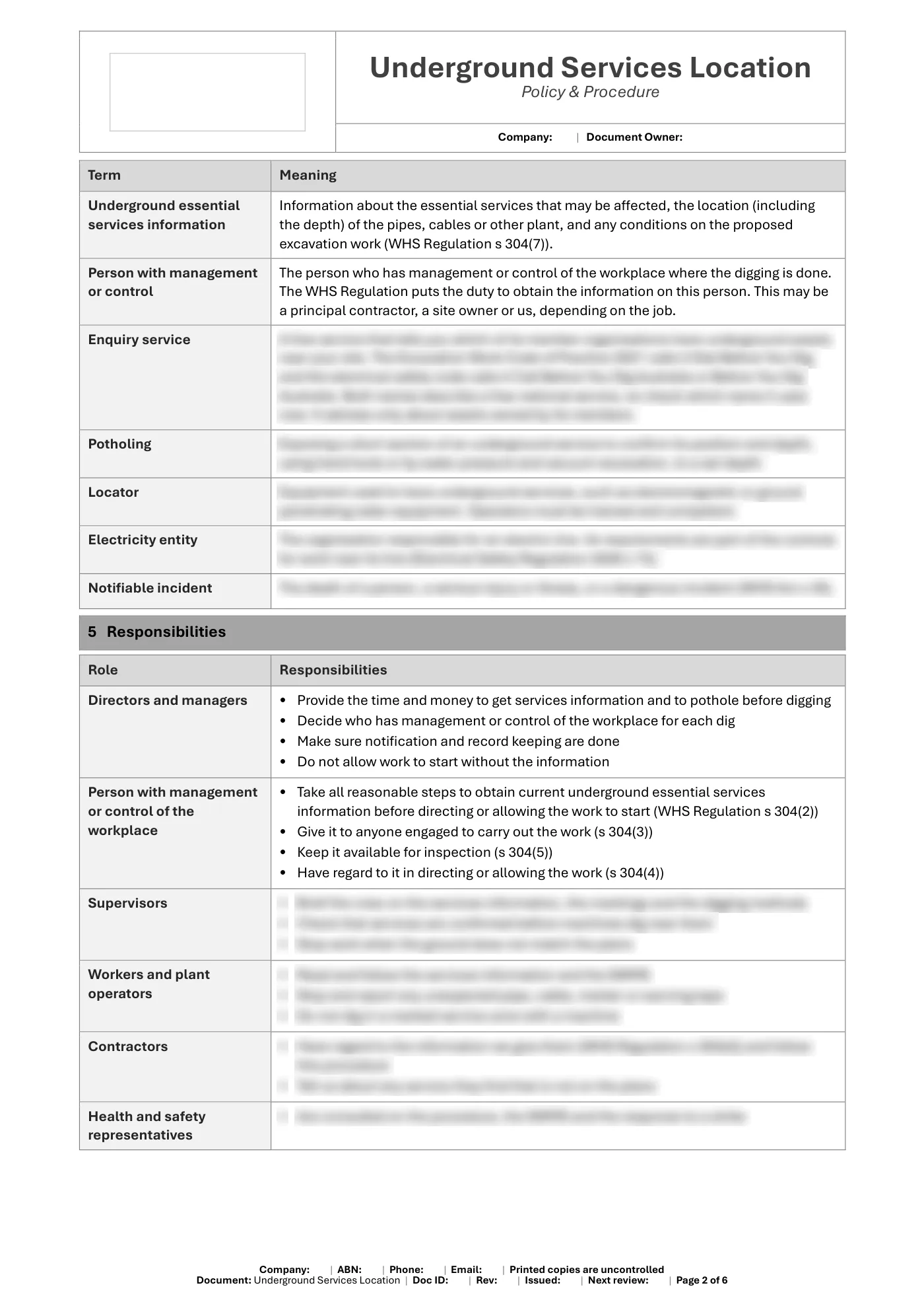 Underground Services Location Policy & Procedure Template: sample page 2