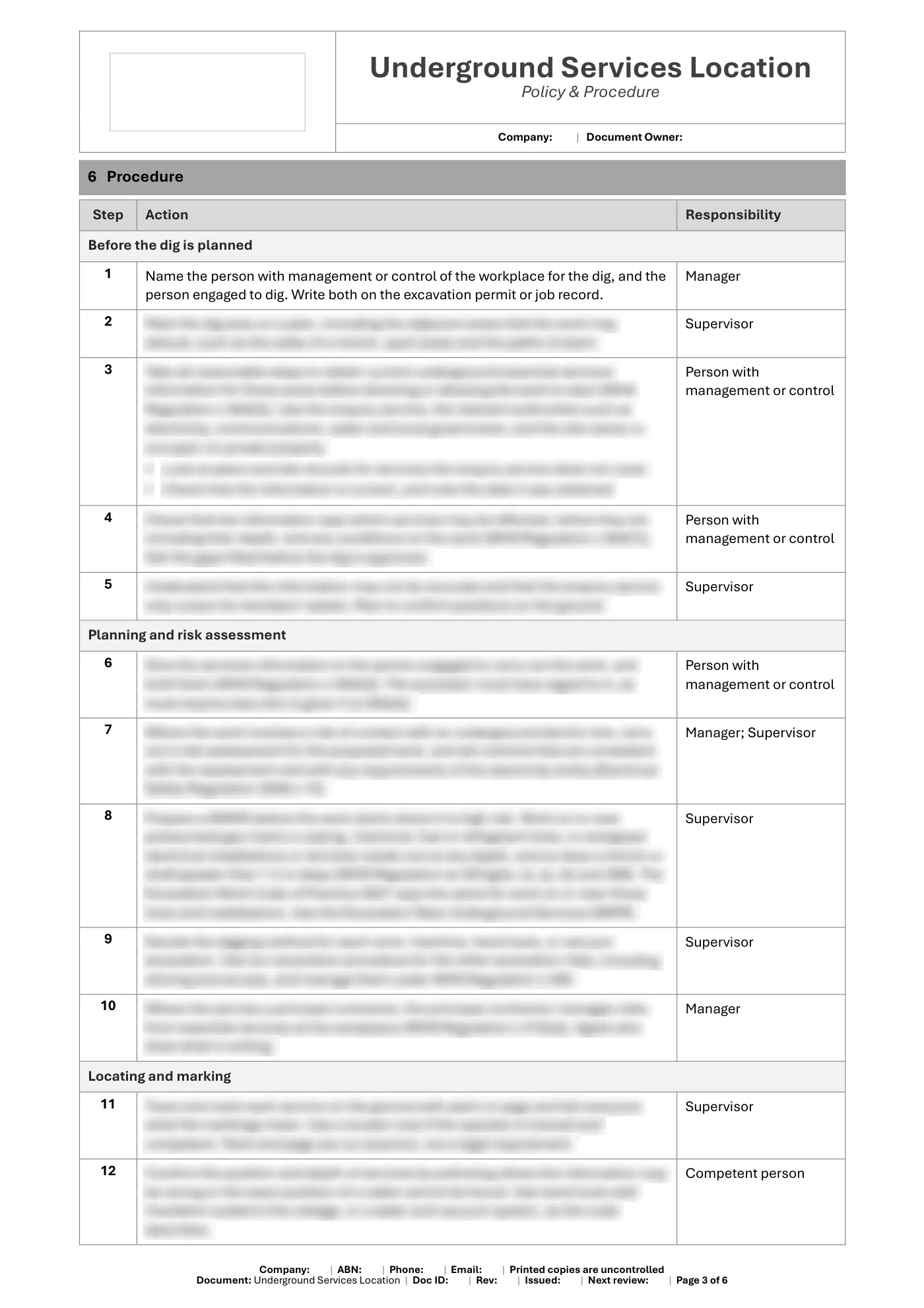 Underground Services Location Policy & Procedure Template: sample page 3