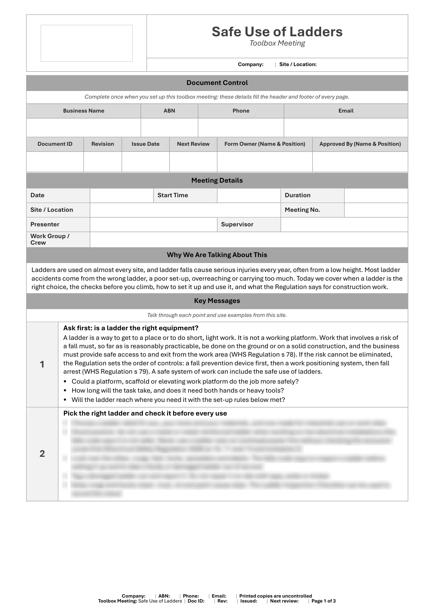 Safe Use of Ladders Toolbox Meeting Template: sample page 1