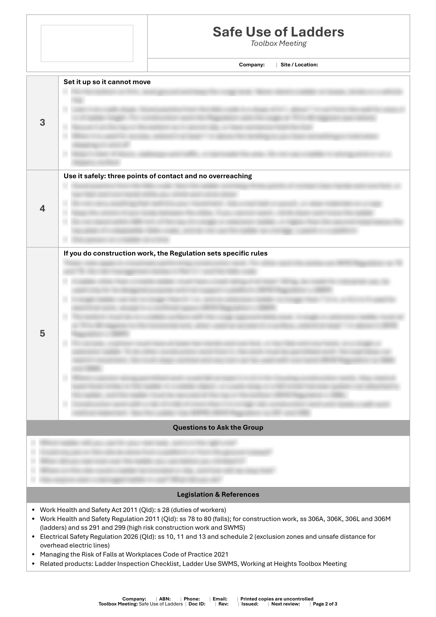Safe Use of Ladders Toolbox Meeting Template: sample page 2