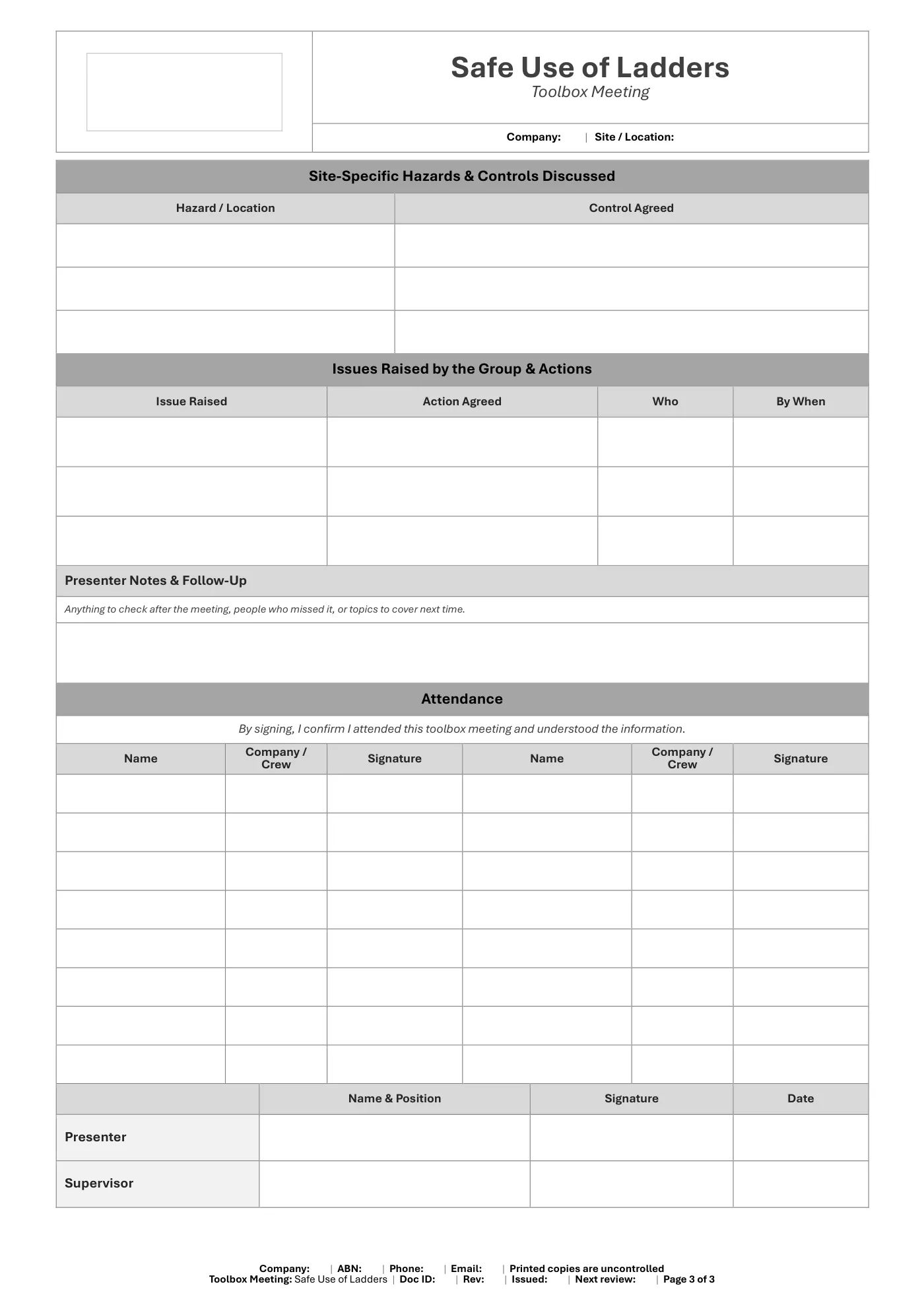 Safe Use of Ladders Toolbox Meeting Template: sample page 3