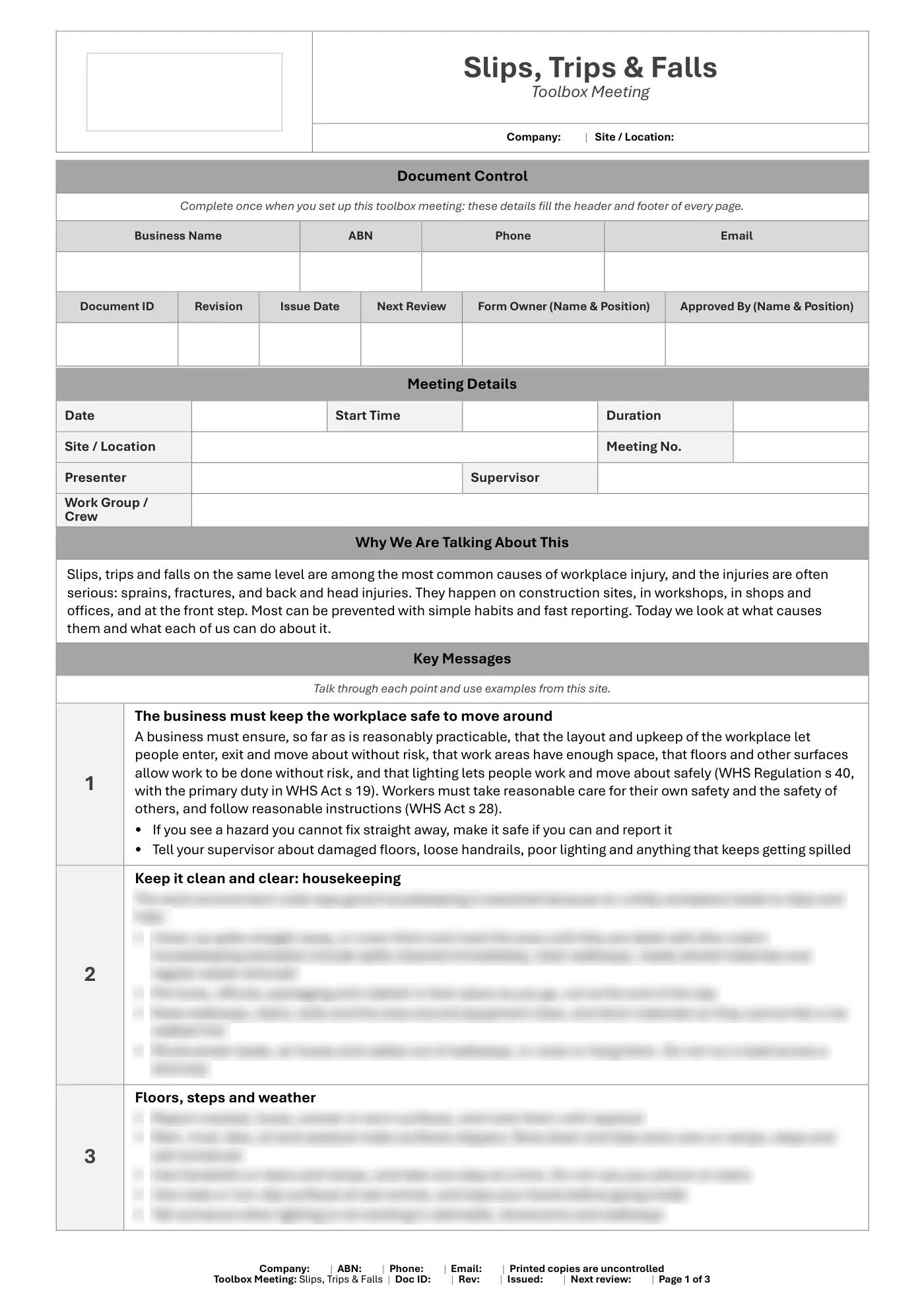 Slips, Trips & Falls Toolbox Meeting Template: sample page 1