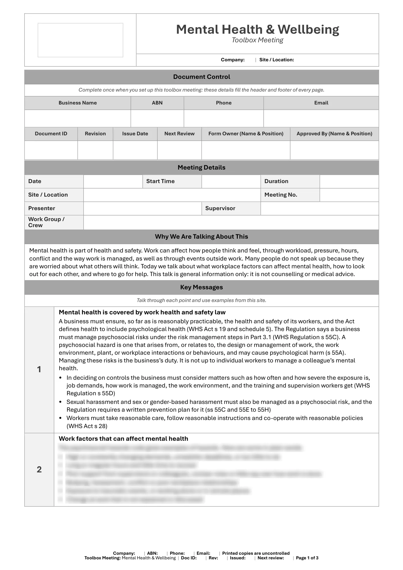 Mental Health & Wellbeing Toolbox Meeting Template: sample page 1