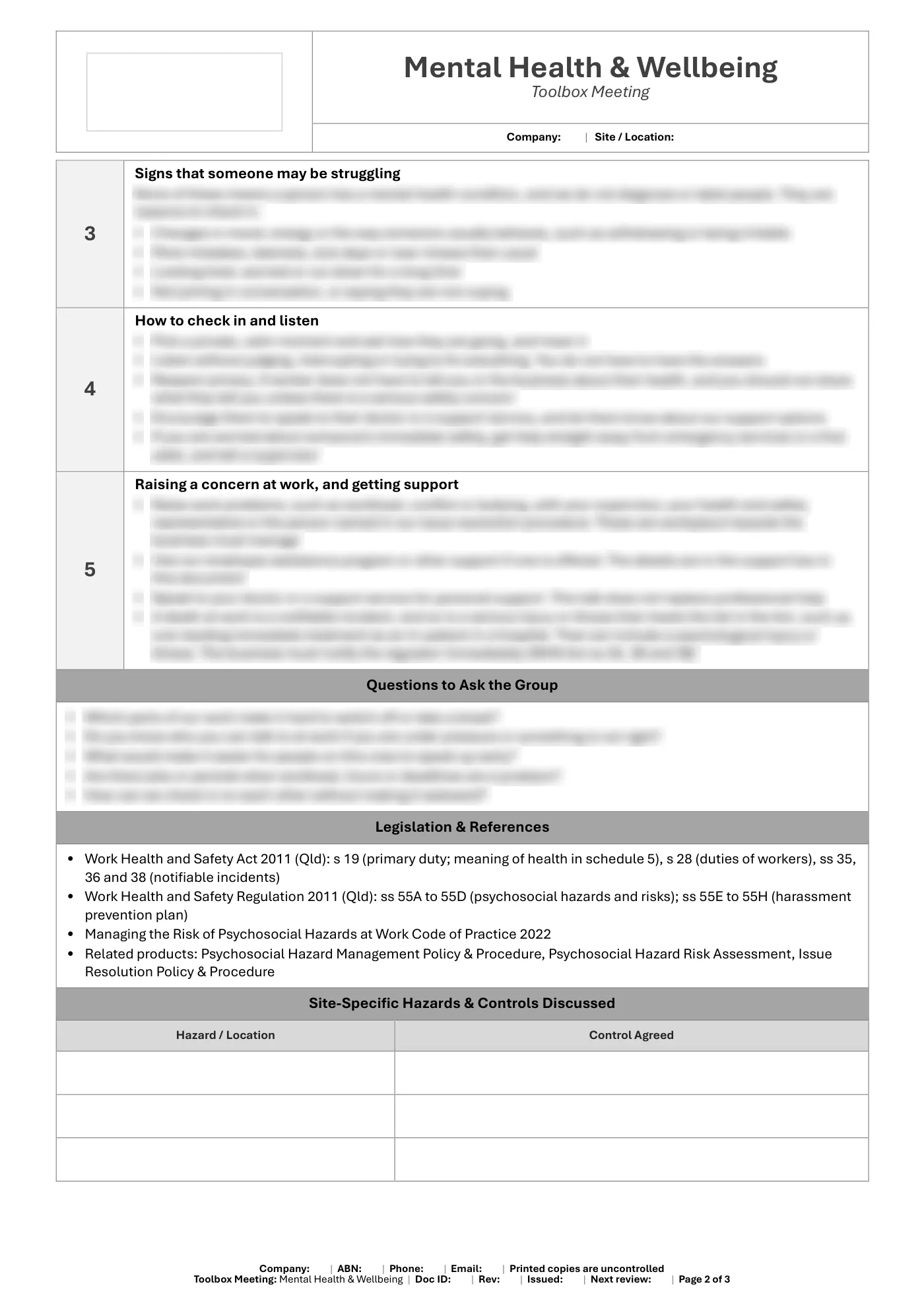 Mental Health & Wellbeing Toolbox Meeting Template: sample page 2