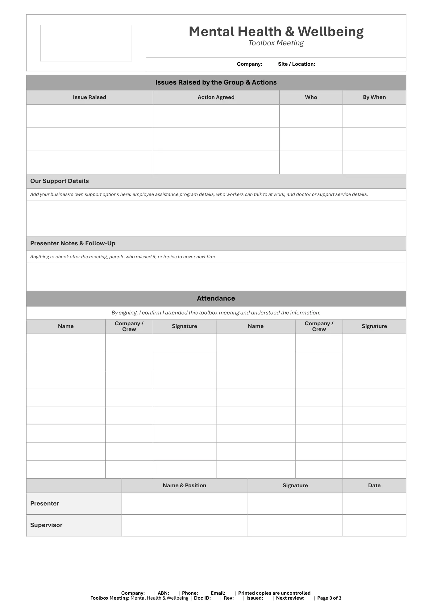 Mental Health & Wellbeing Toolbox Meeting Template: sample page 3