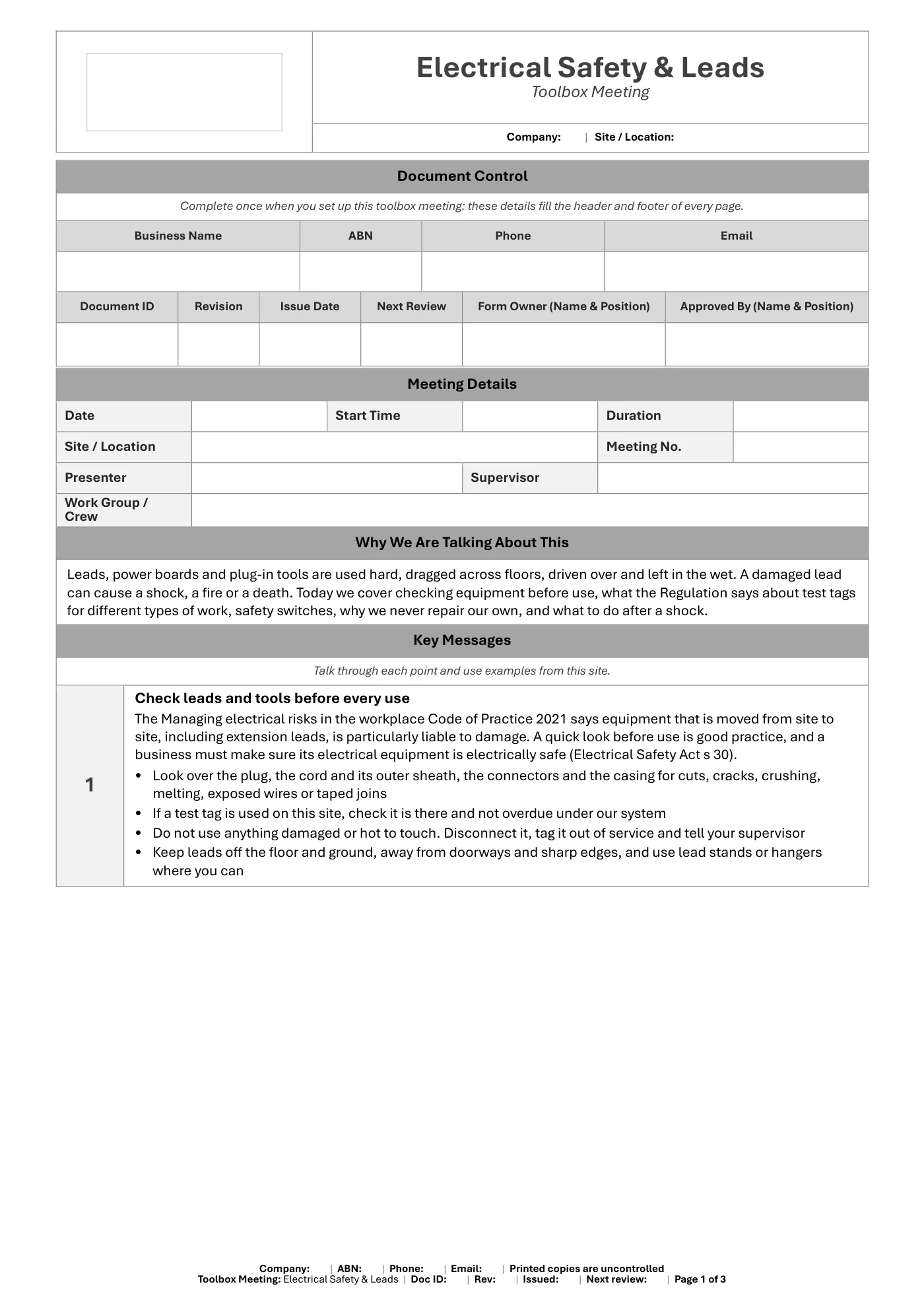 Electrical Safety & Leads Toolbox Meeting Template: sample page 1