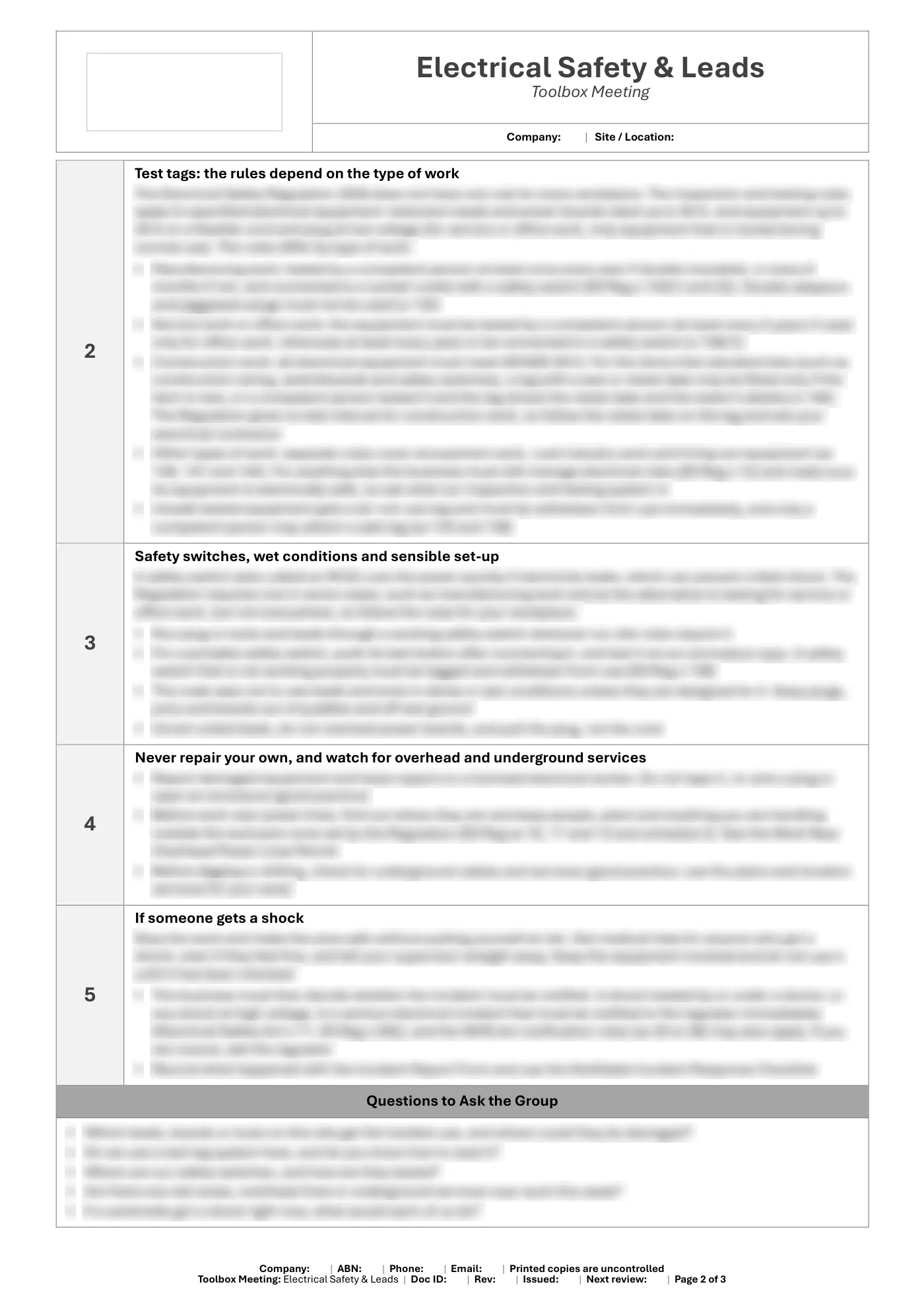 Electrical Safety & Leads Toolbox Meeting Template: sample page 2
