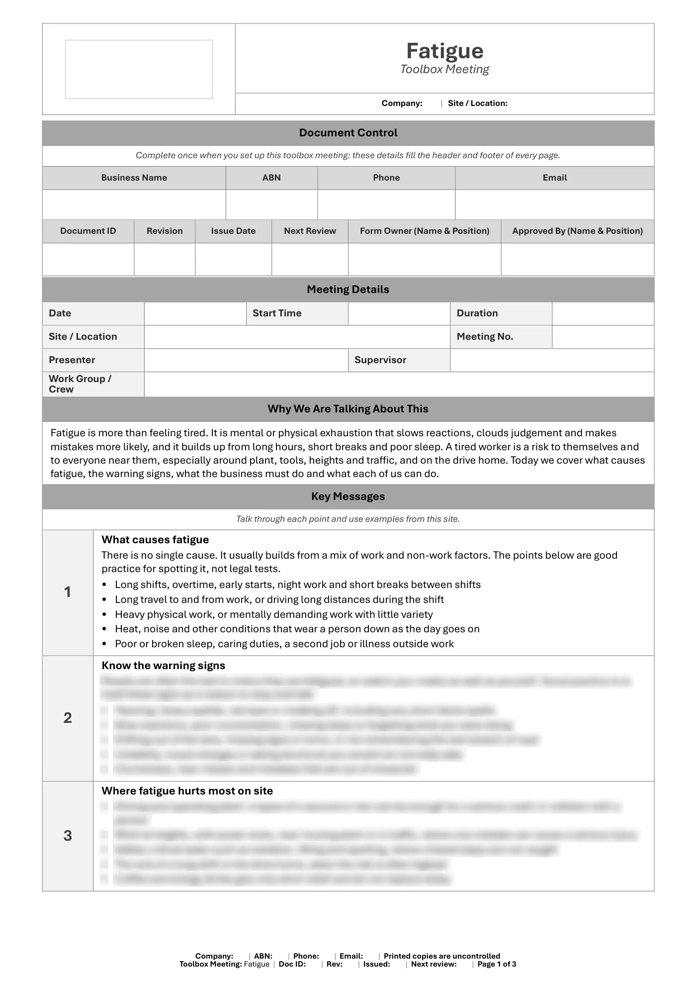 Fatigue Toolbox Meeting Template: sample page 1