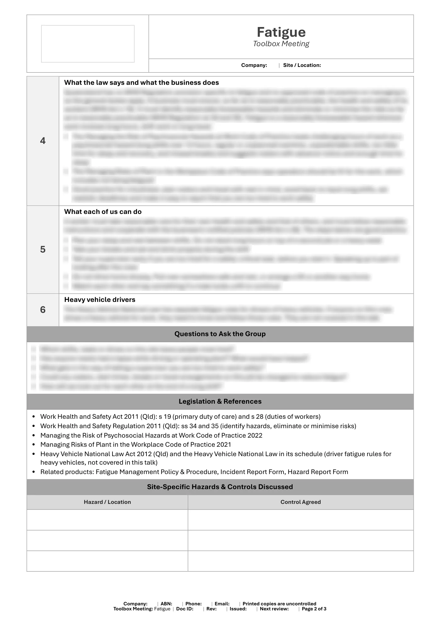 Fatigue Toolbox Meeting Template: sample page 2