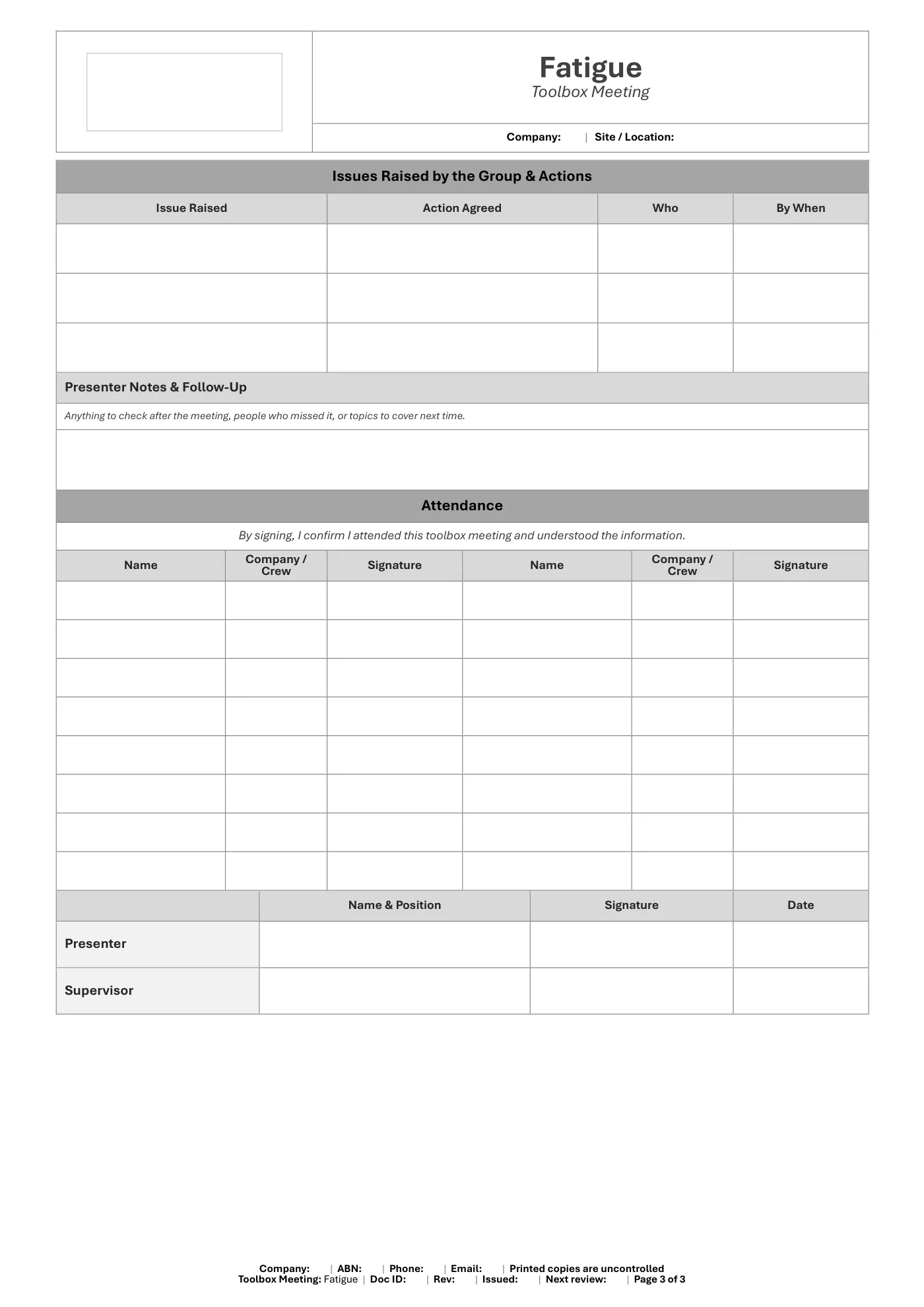 Fatigue Toolbox Meeting Template: sample page 3