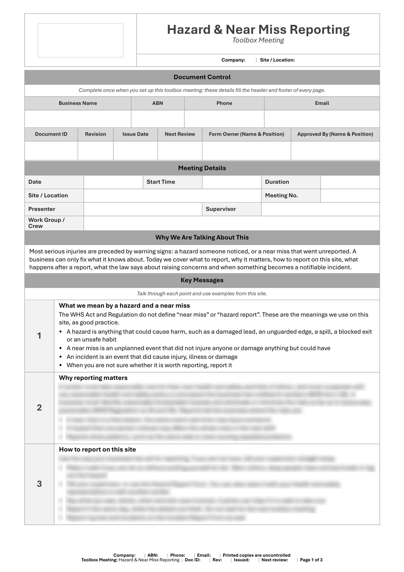 Hazard & Near Miss Reporting Toolbox Meeting Template: sample page 1