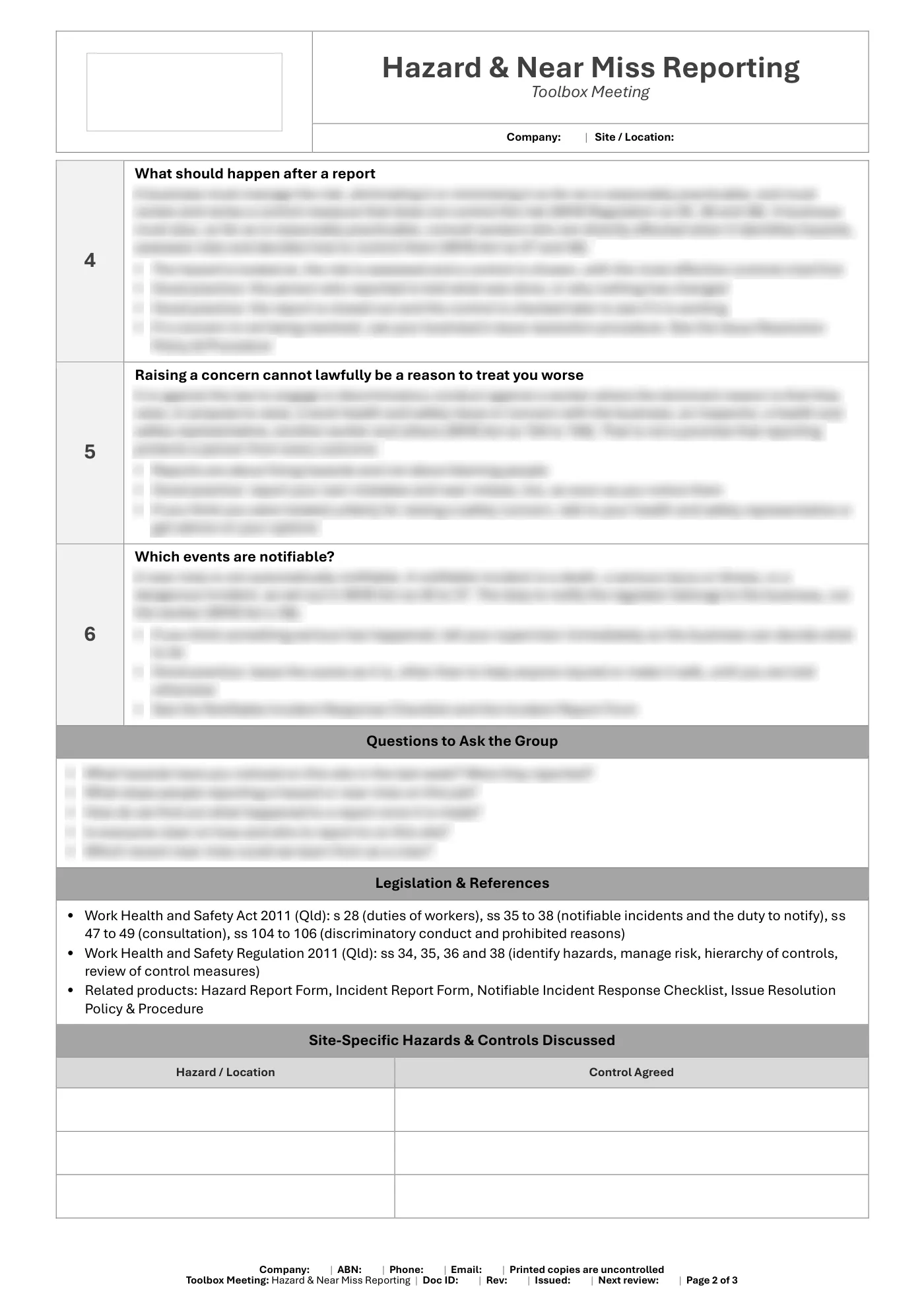 Hazard & Near Miss Reporting Toolbox Meeting Template: sample page 2