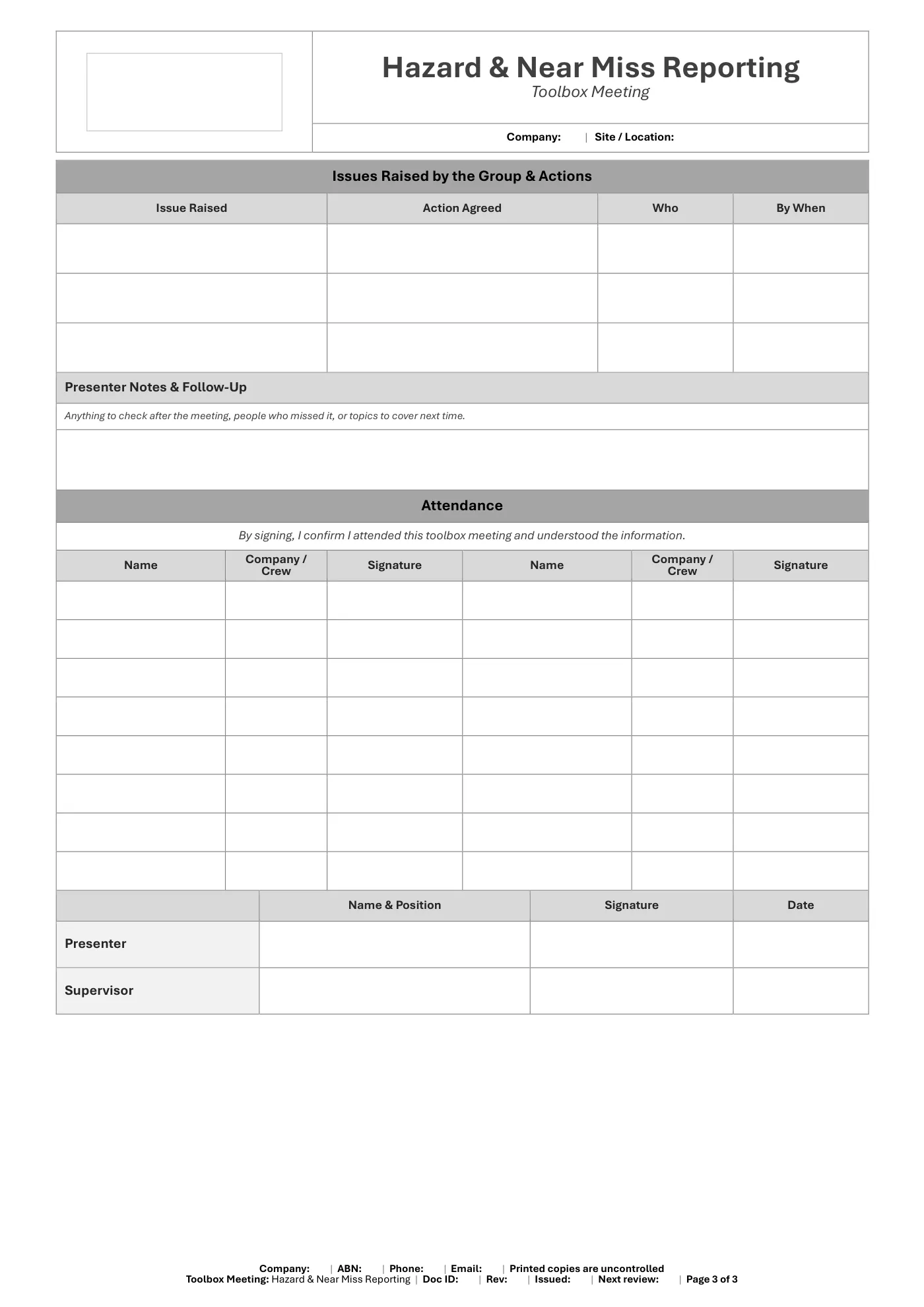 Hazard & Near Miss Reporting Toolbox Meeting Template: sample page 3