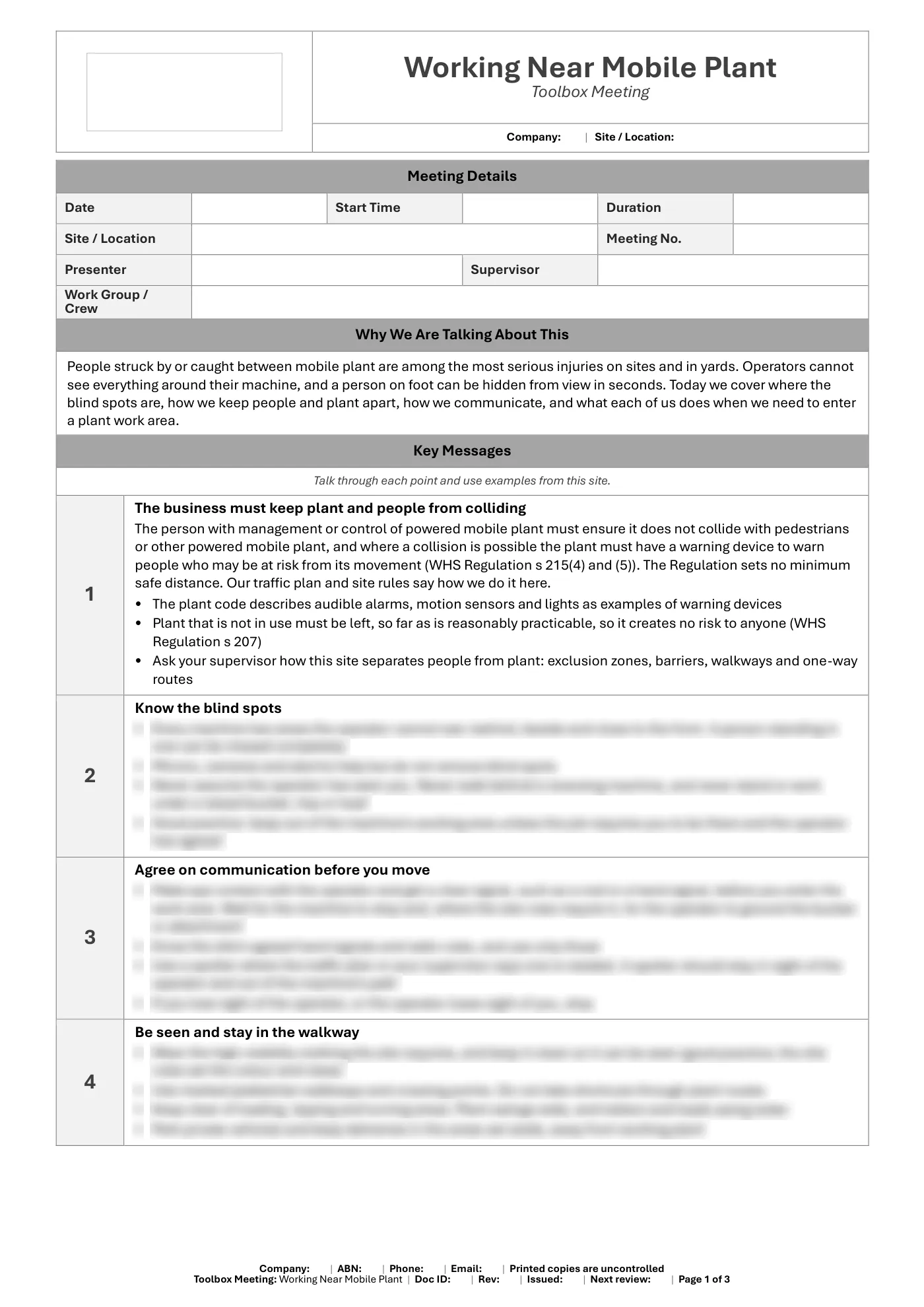 Working Near Mobile Plant Toolbox Meeting Template: sample page 1