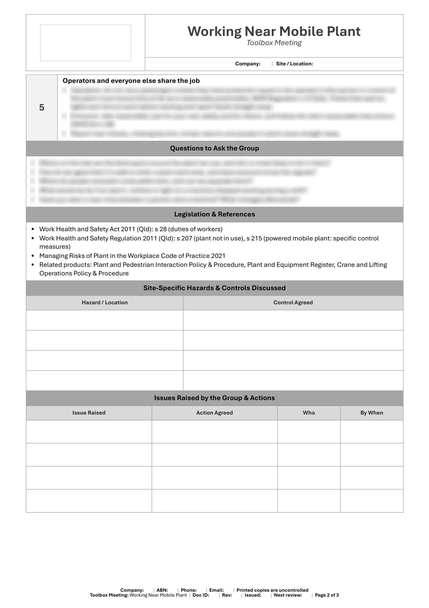 Working Near Mobile Plant Toolbox Meeting Template: sample page 2