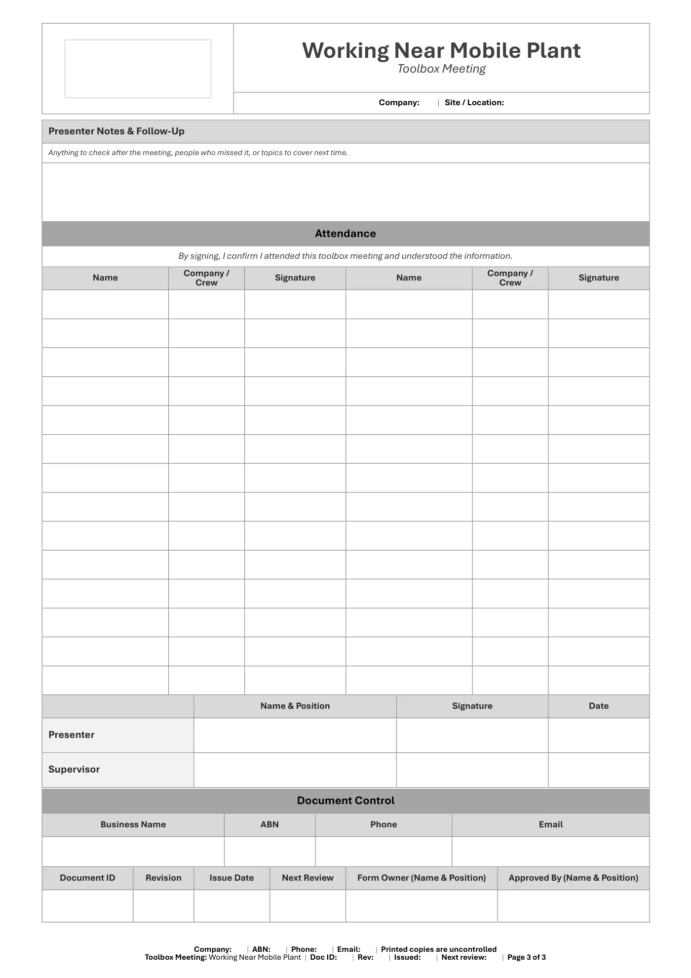 Working Near Mobile Plant Toolbox Meeting Template: sample page 3