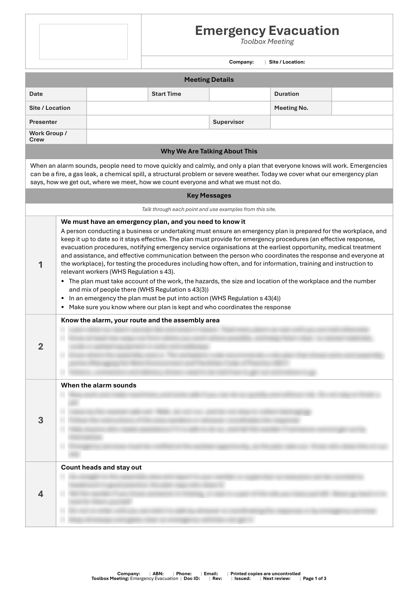 Emergency Evacuation Toolbox Meeting Template: sample page 1