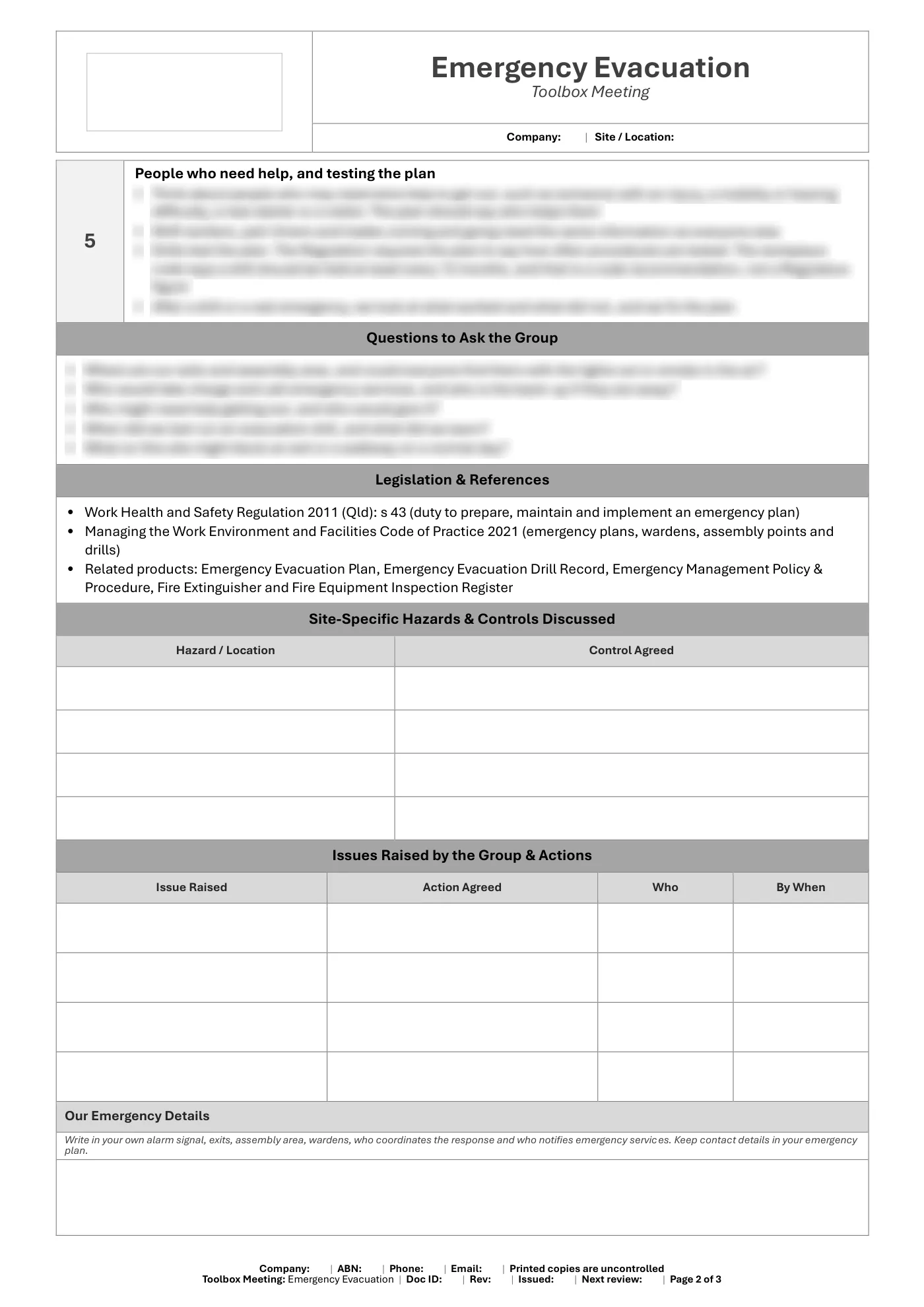 Emergency Evacuation Toolbox Meeting Template: sample page 2