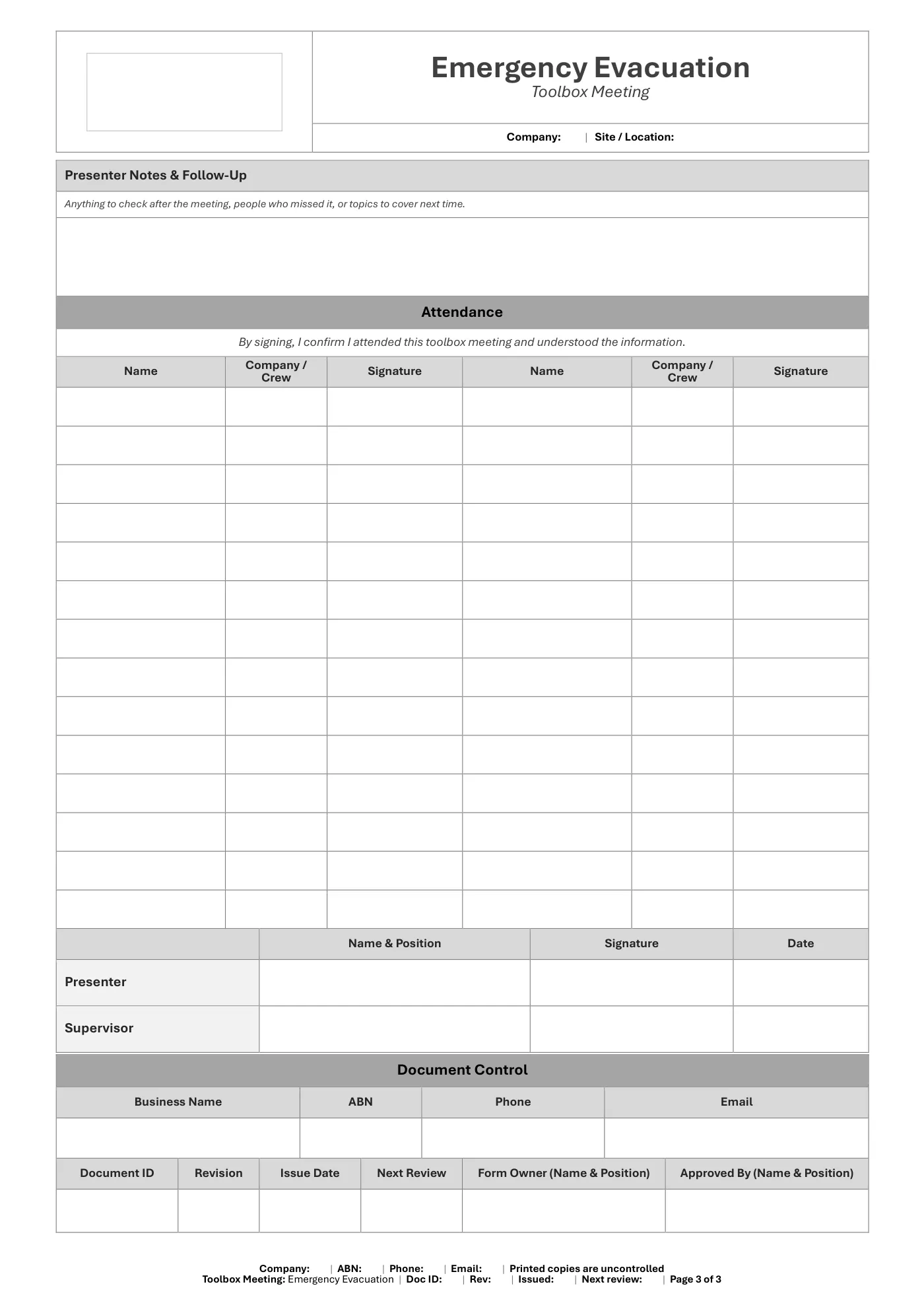 Emergency Evacuation Toolbox Meeting Template: sample page 3