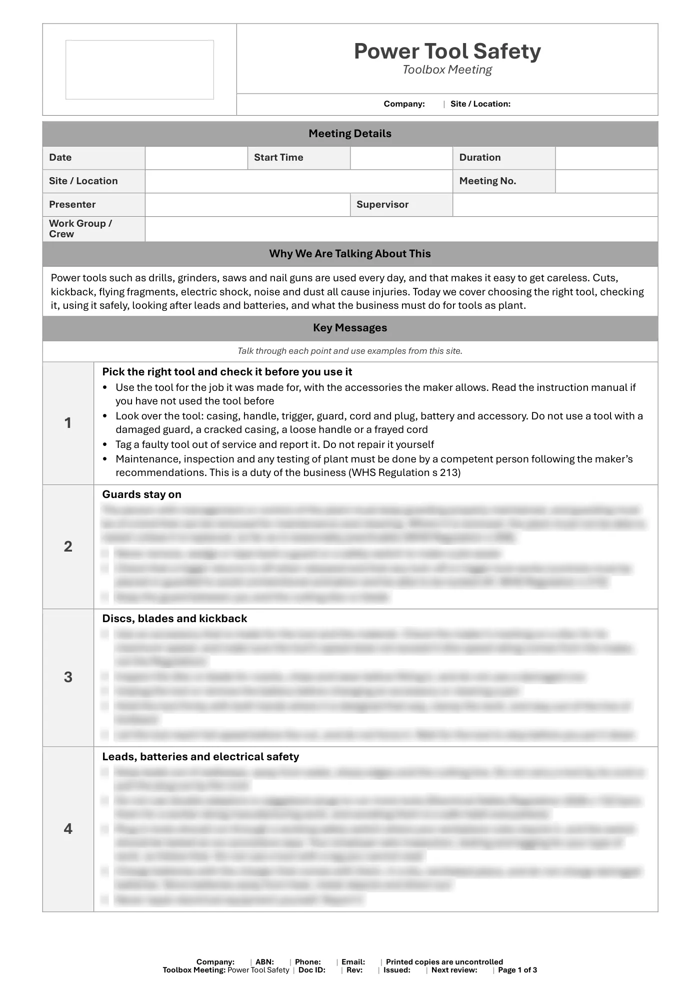 Power Tool Safety Toolbox Meeting Template: sample page 1