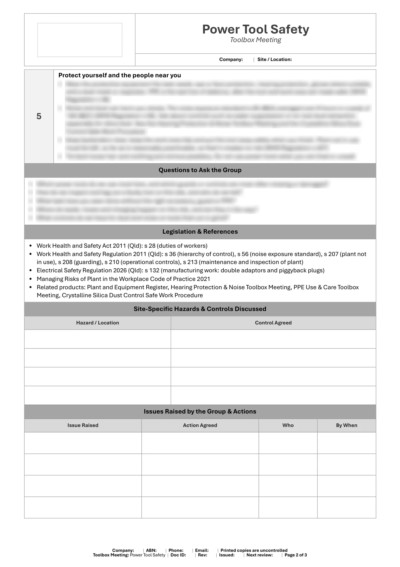 Power Tool Safety Toolbox Meeting Template: sample page 2