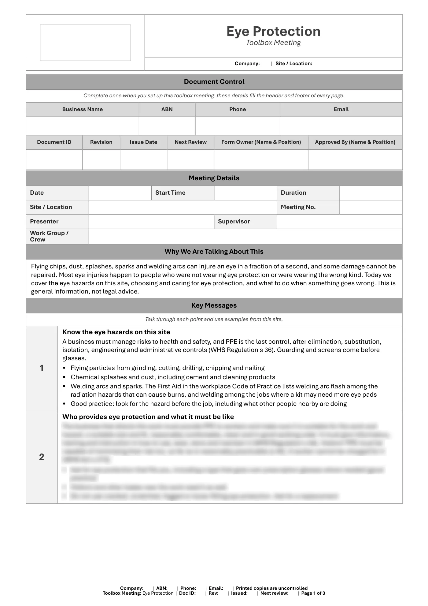Eye Protection Toolbox Meeting Template: sample page 1
