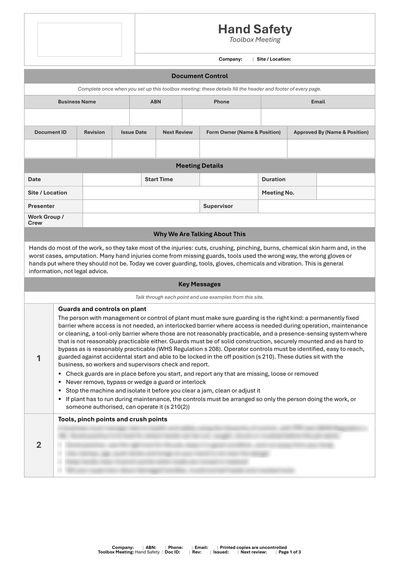 Hand Safety Toolbox Meeting Template: sample page 1