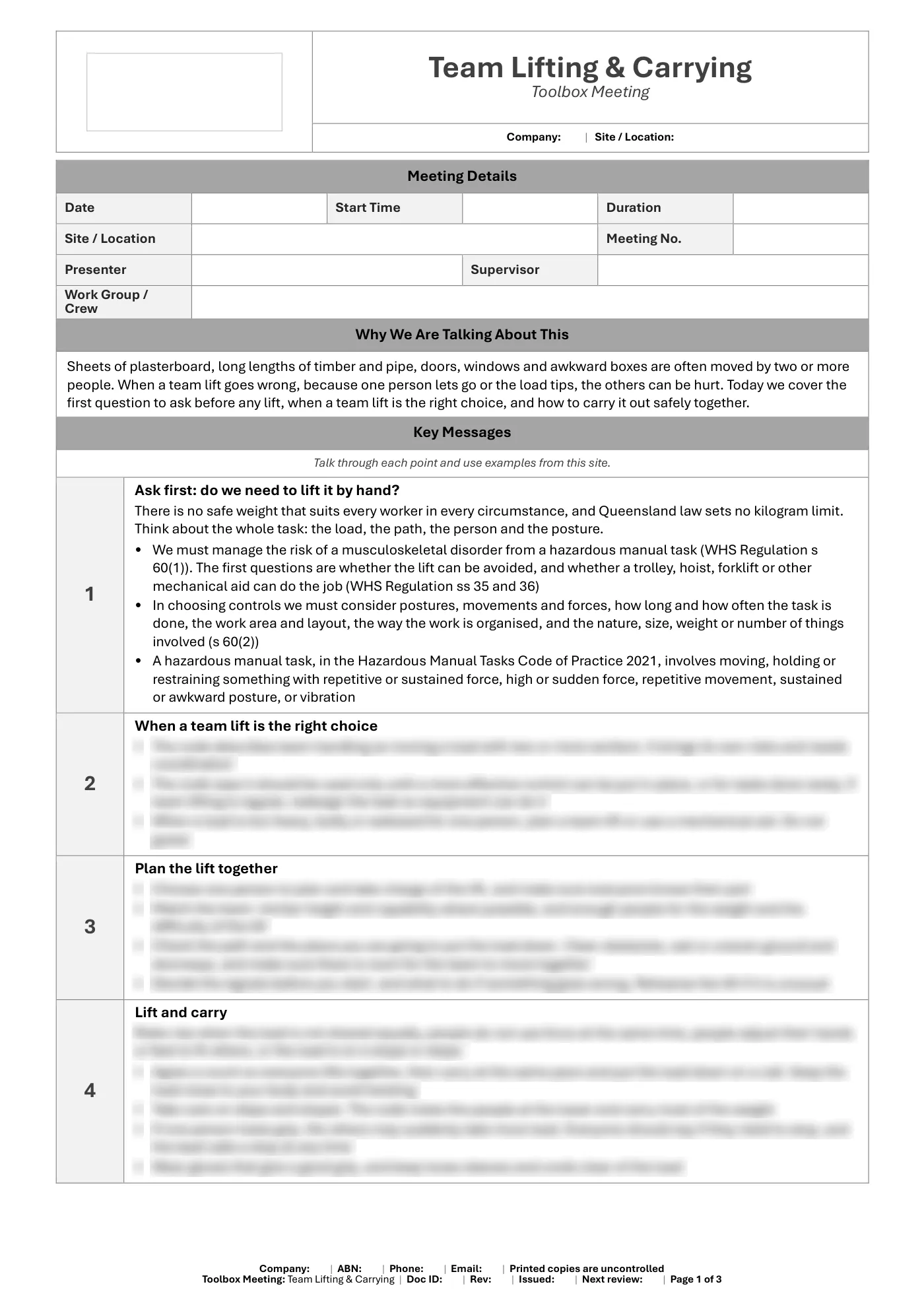 Team Lifting & Carrying Toolbox Meeting Template: sample page 1