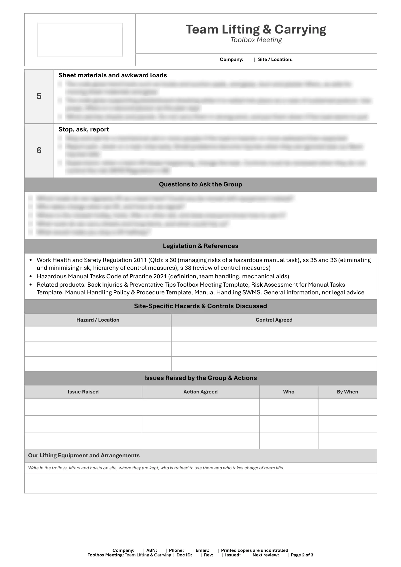 Team Lifting & Carrying Toolbox Meeting Template: sample page 2