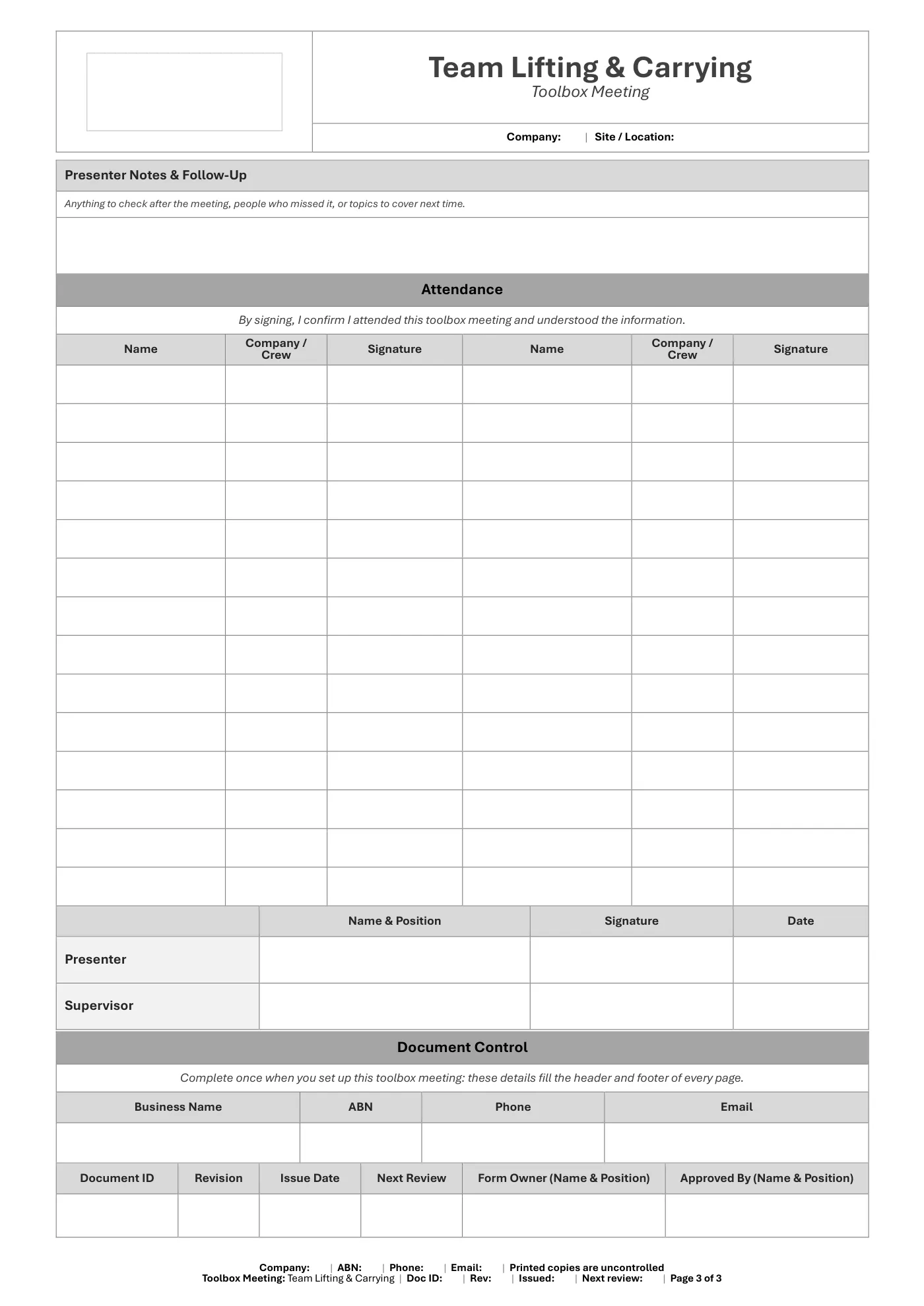 Team Lifting & Carrying Toolbox Meeting Template: sample page 3