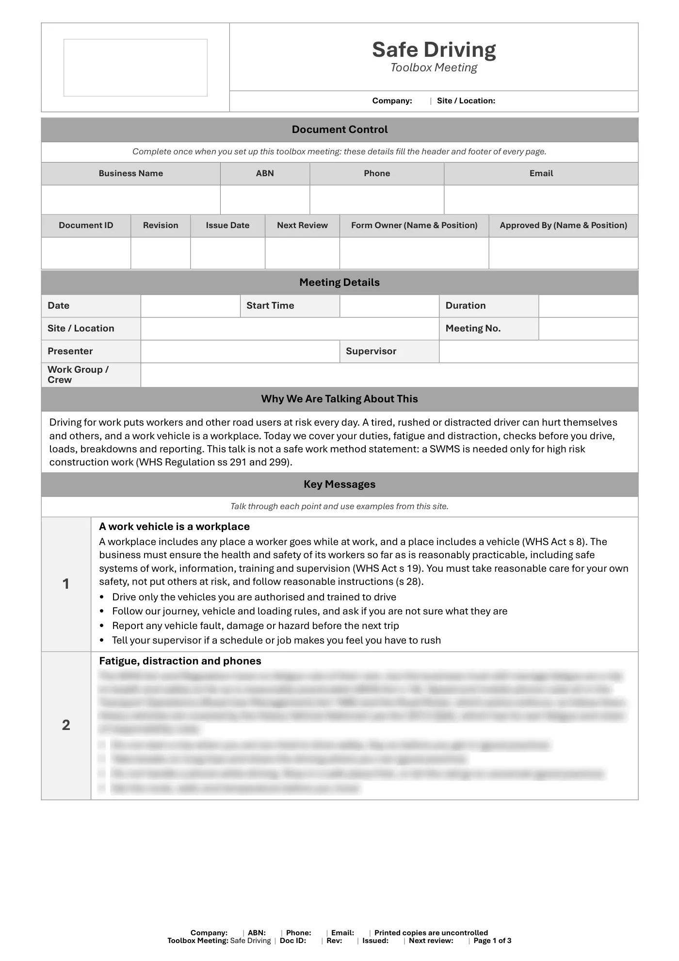 Safe Driving Toolbox Meeting Template: sample page 1