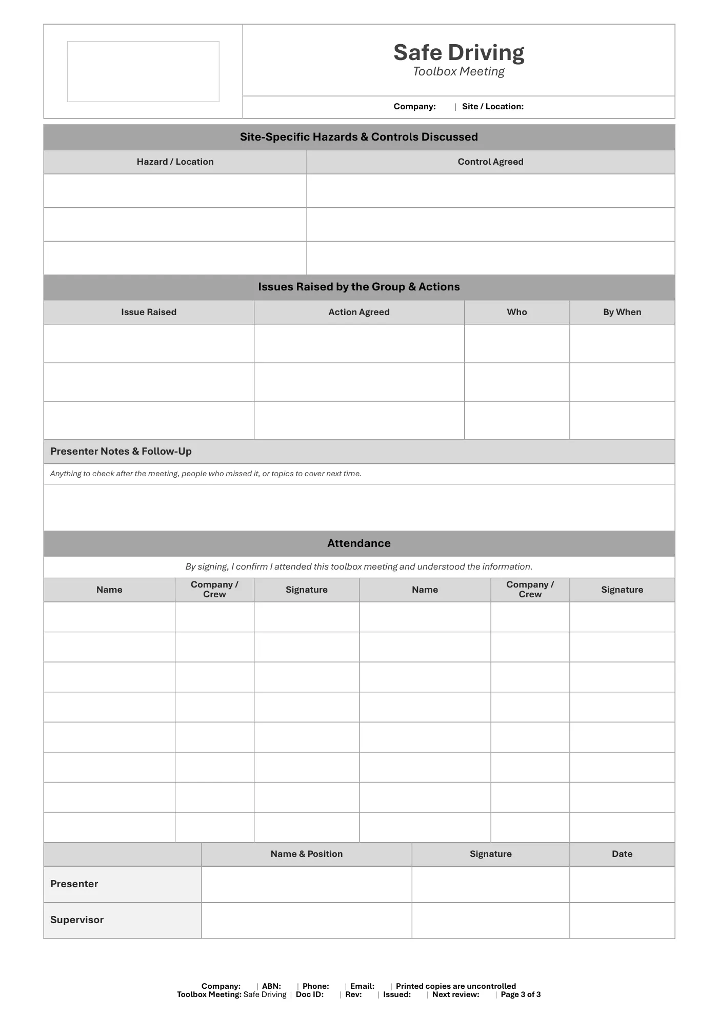 Safe Driving Toolbox Meeting Template: sample page 3