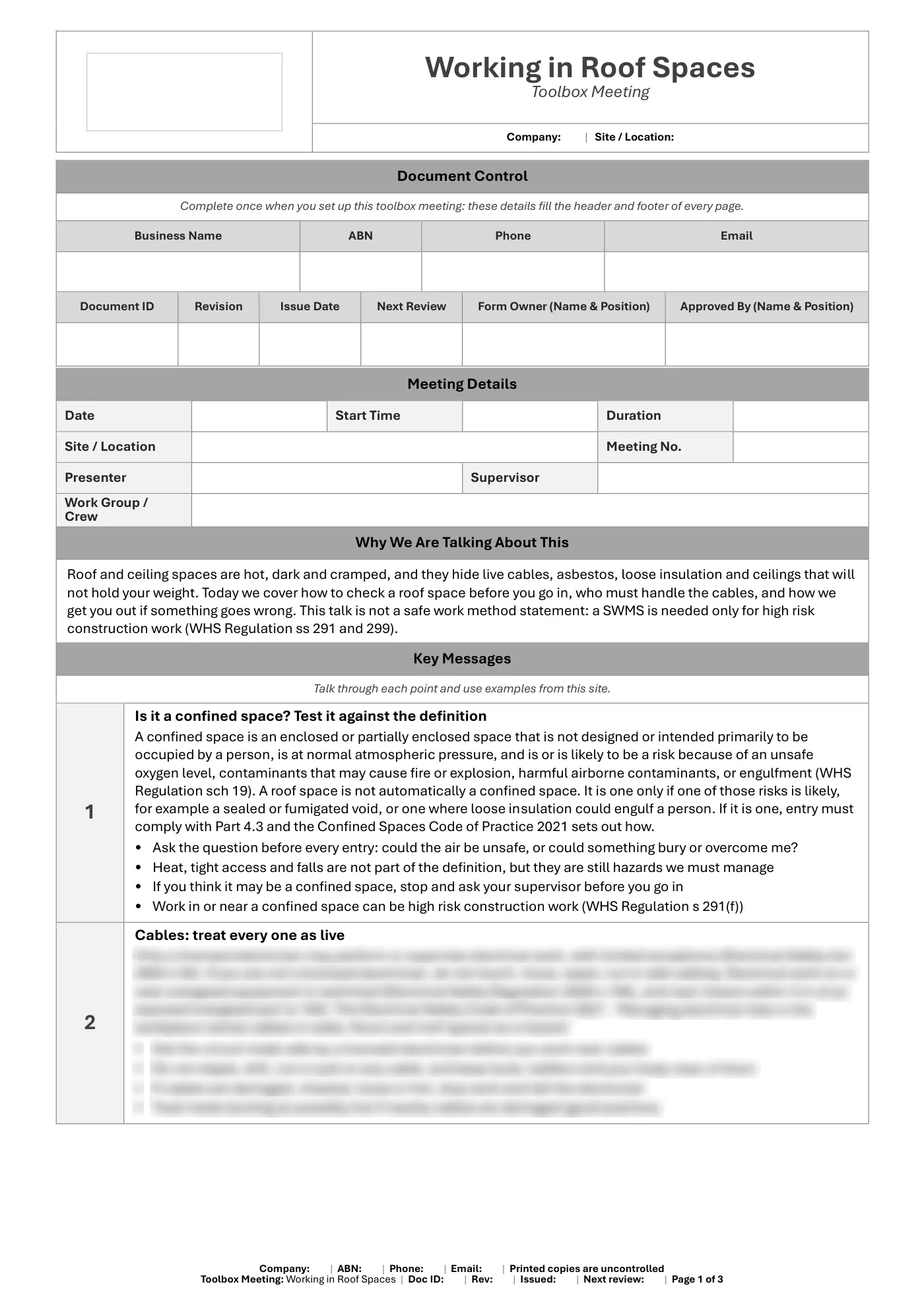 Working in Roof Spaces Toolbox Meeting Template: sample page 1