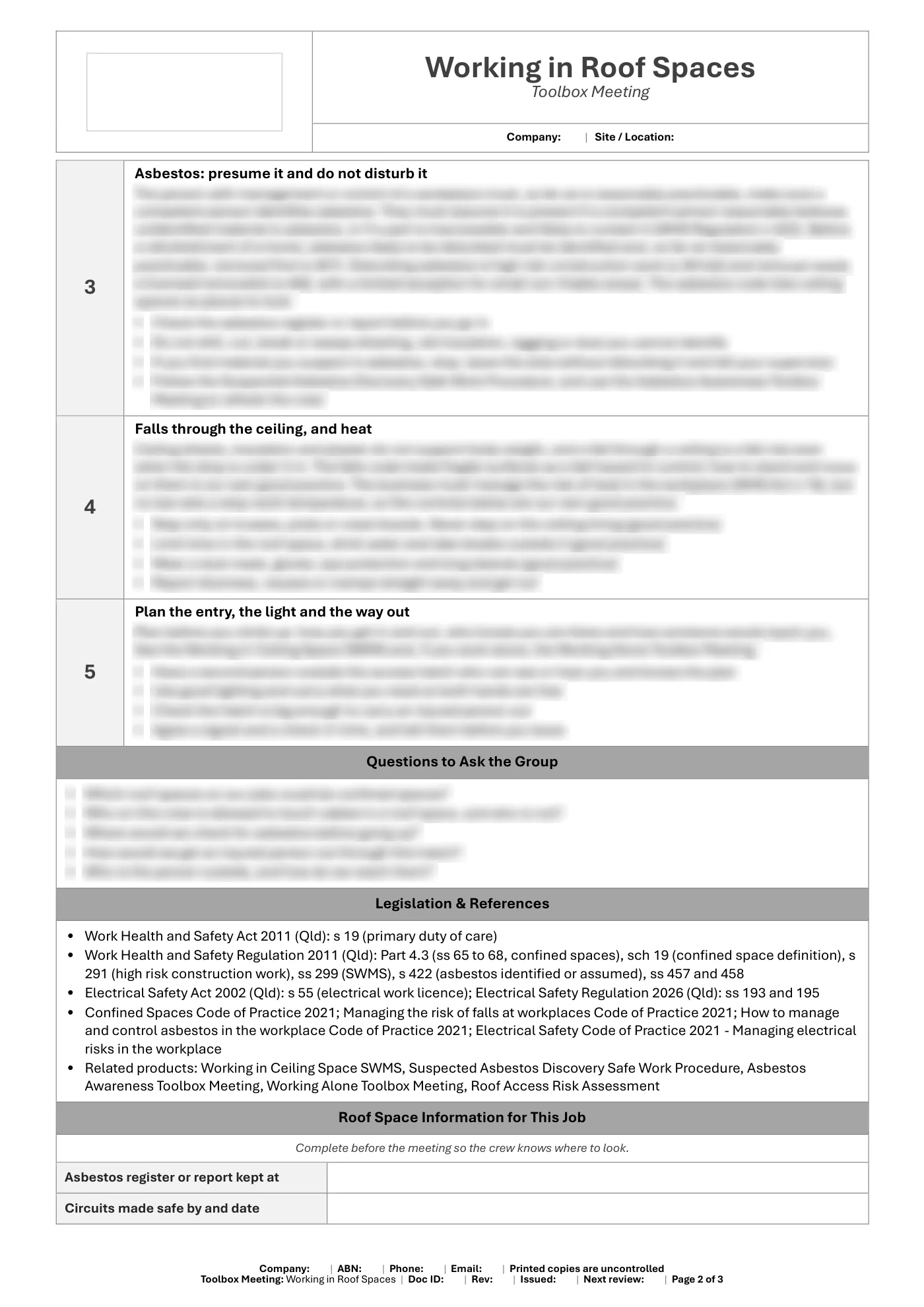 Working in Roof Spaces Toolbox Meeting Template: sample page 2