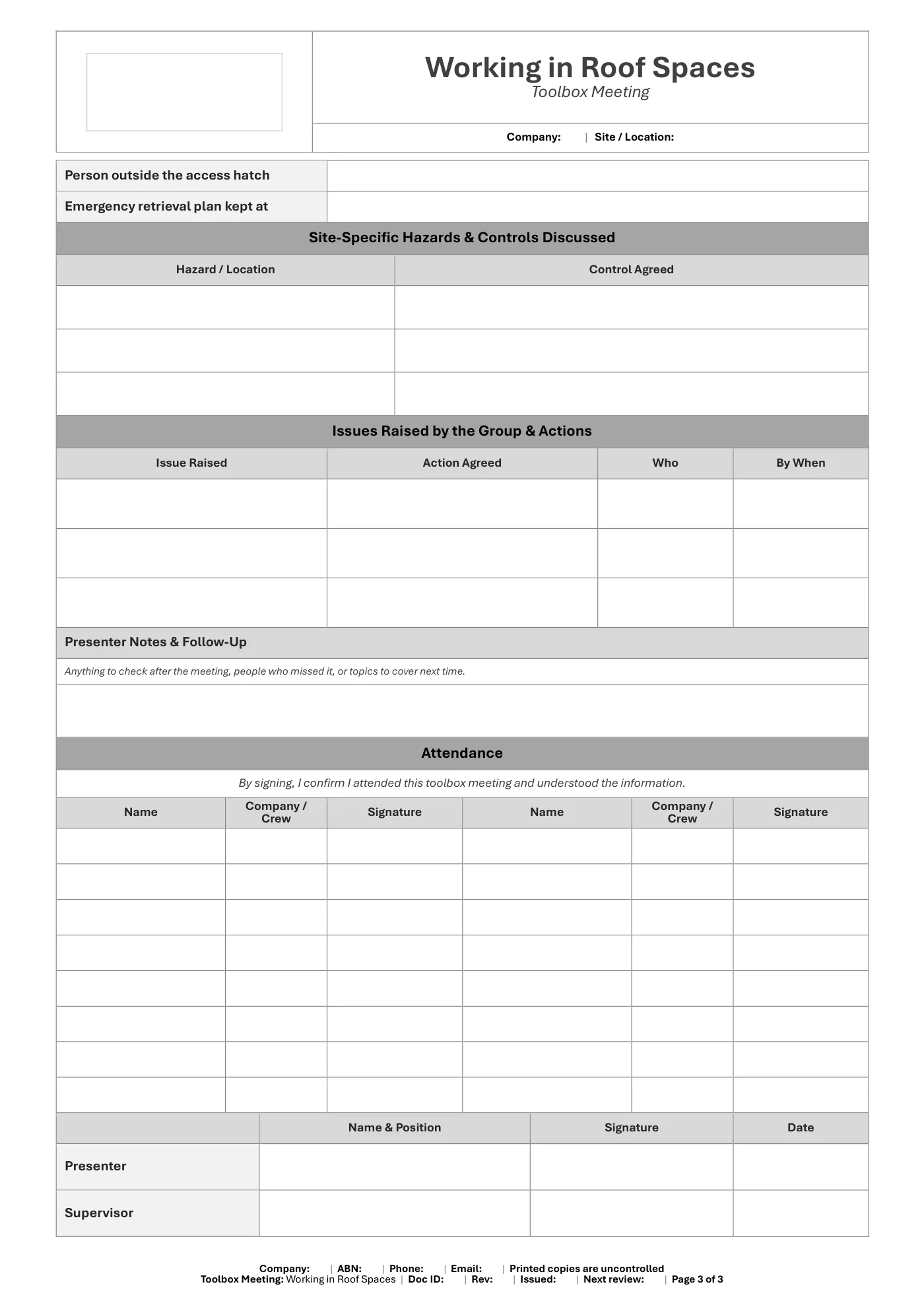 Working in Roof Spaces Toolbox Meeting Template: sample page 3