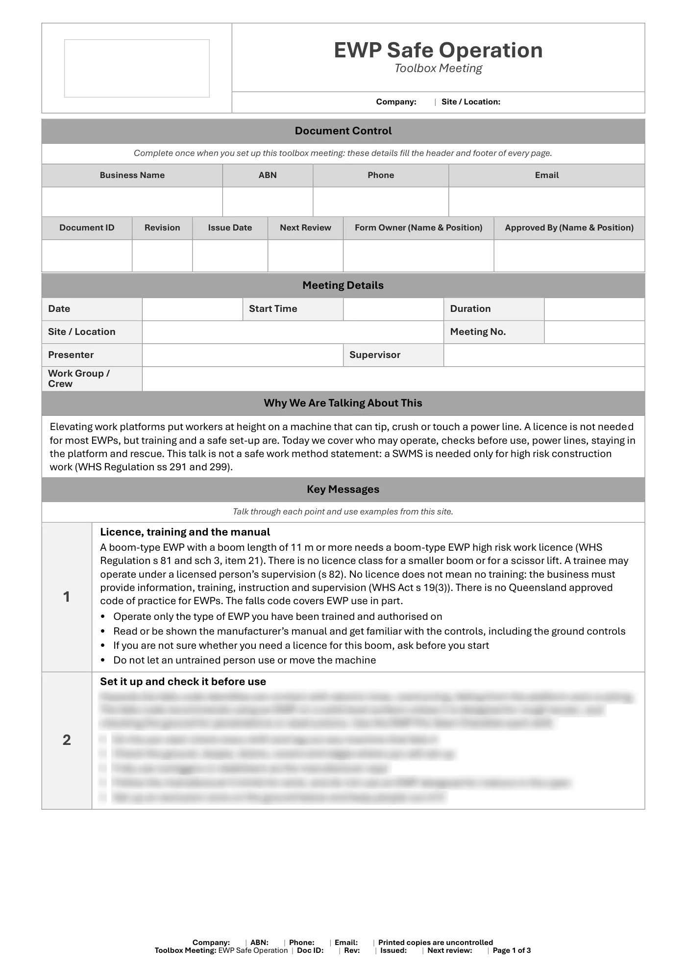 EWP Safe Operation Toolbox Meeting Template: sample page 1