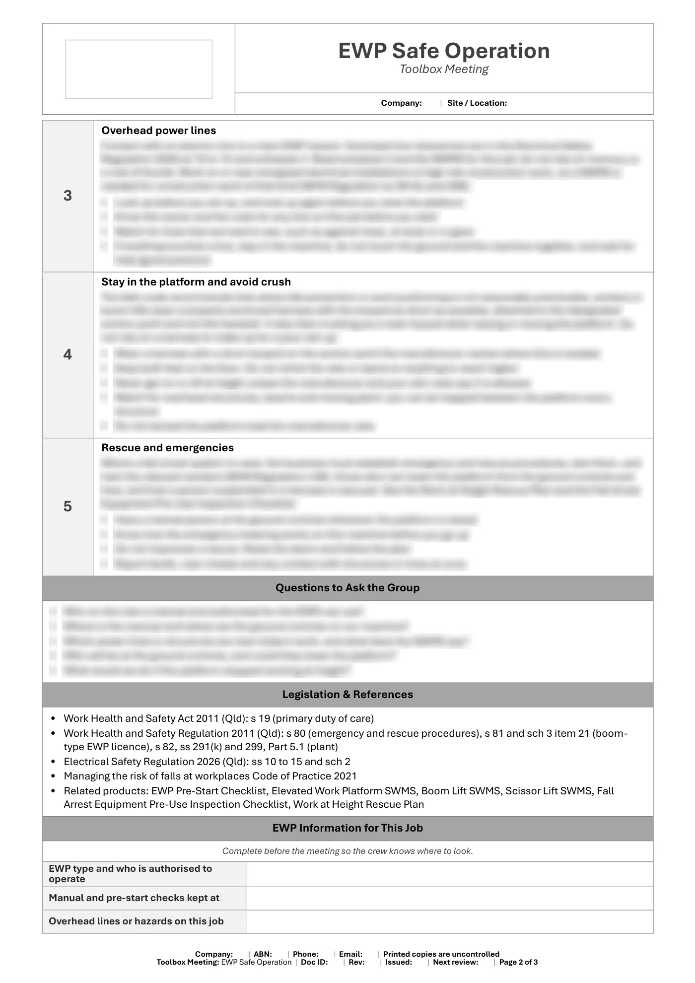 EWP Safe Operation Toolbox Meeting Template: sample page 2