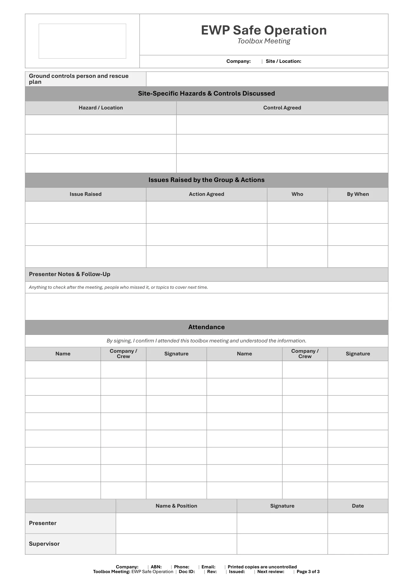 EWP Safe Operation Toolbox Meeting Template: sample page 3
