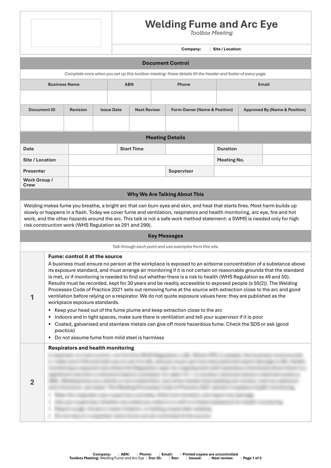Welding Fume and Arc Eye Toolbox Meeting Template: sample page 1