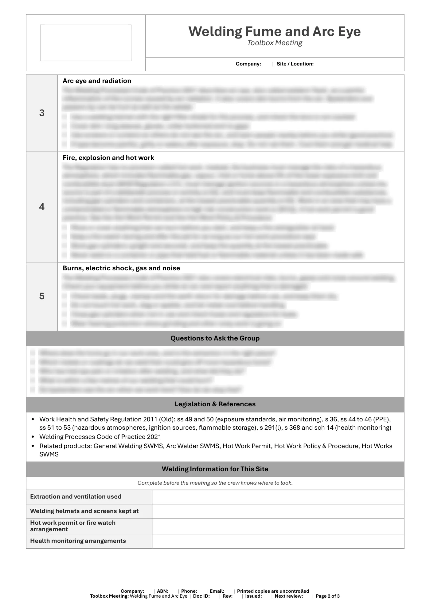 Welding Fume and Arc Eye Toolbox Meeting Template: sample page 2