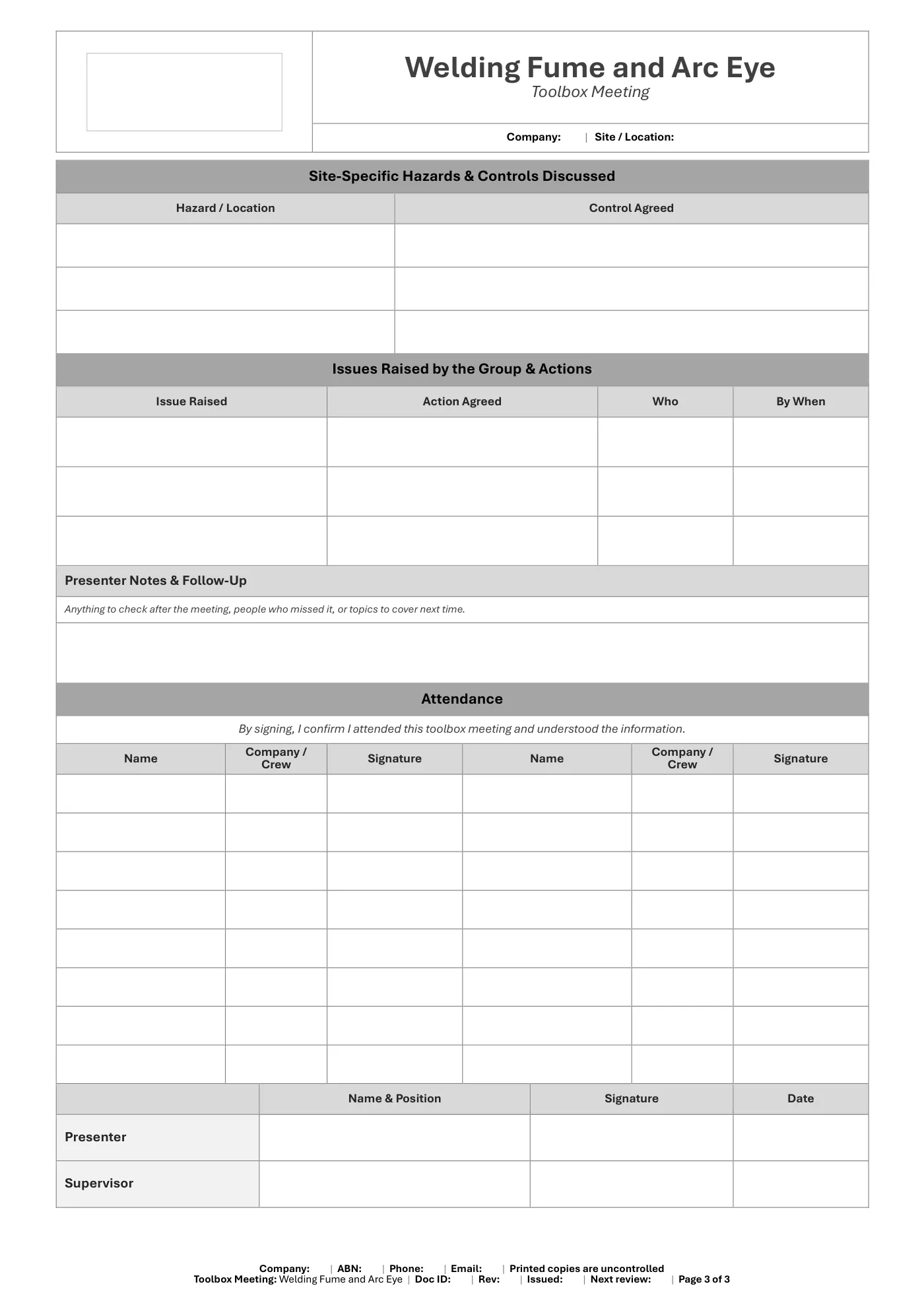 Welding Fume and Arc Eye Toolbox Meeting Template: sample page 3