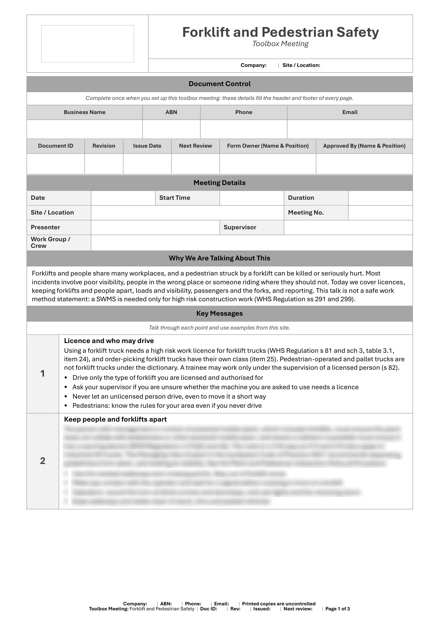 Forklift and Pedestrian Safety Toolbox Meeting Template: sample page 1