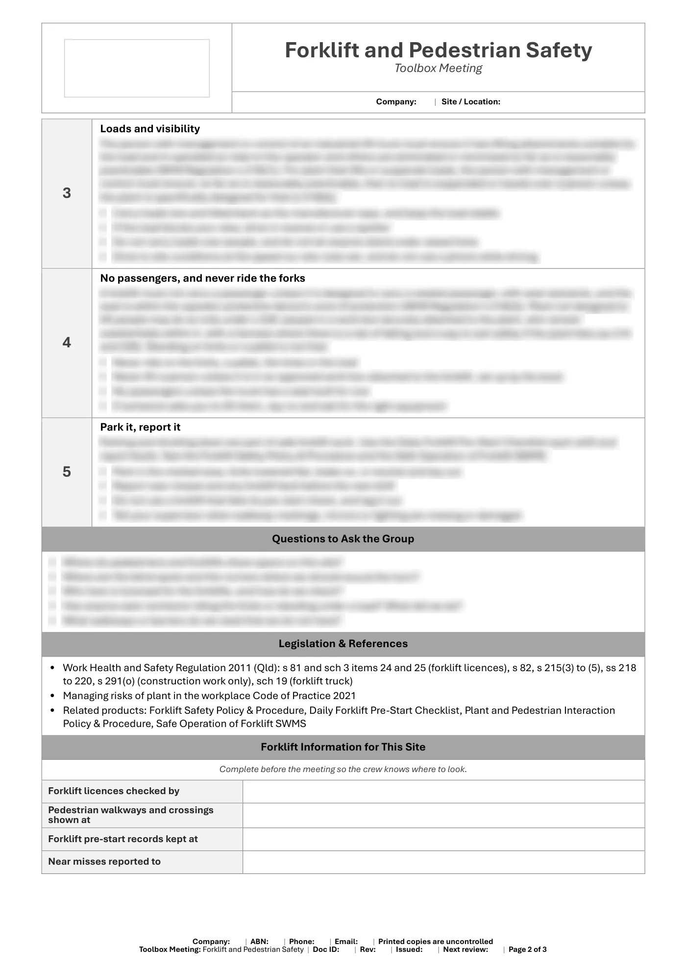 Forklift and Pedestrian Safety Toolbox Meeting Template: sample page 2