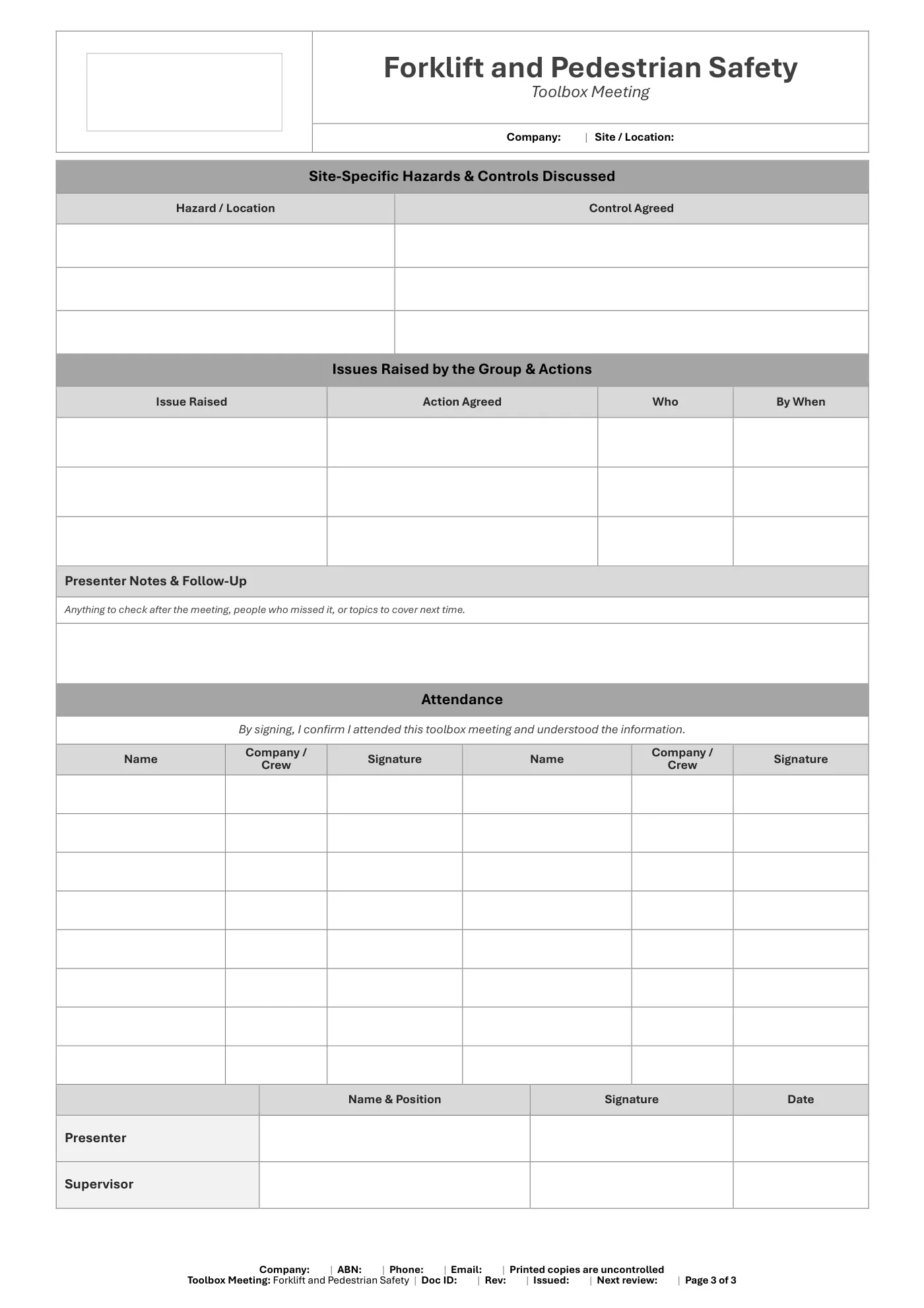 Forklift and Pedestrian Safety Toolbox Meeting Template: sample page 3