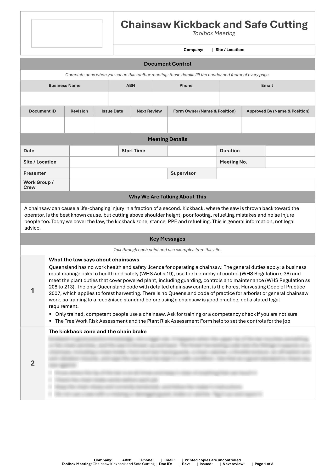 Chainsaw Kickback and Safe Cutting Toolbox Meeting Template: sample page 1