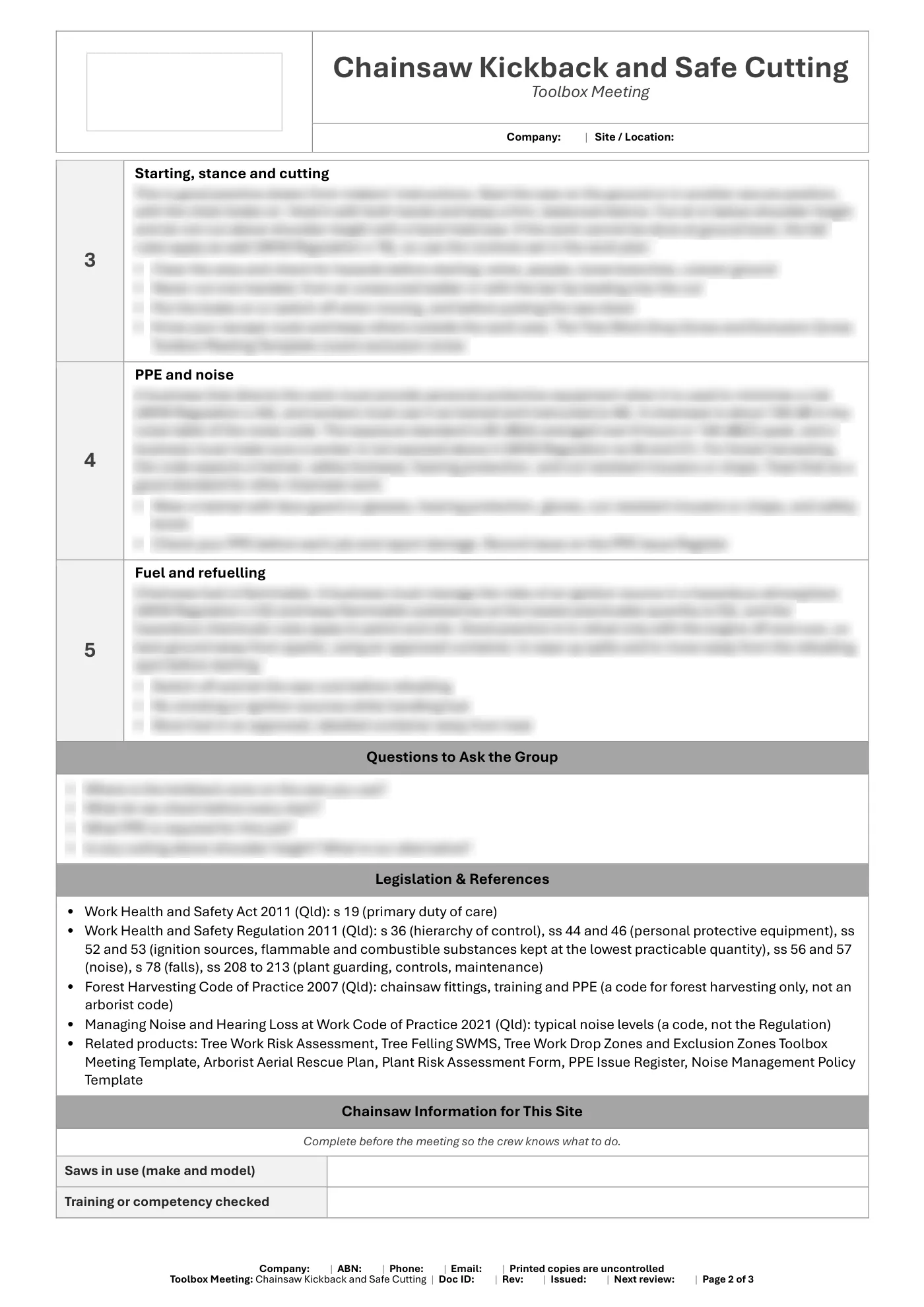 Chainsaw Kickback and Safe Cutting Toolbox Meeting Template: sample page 2
